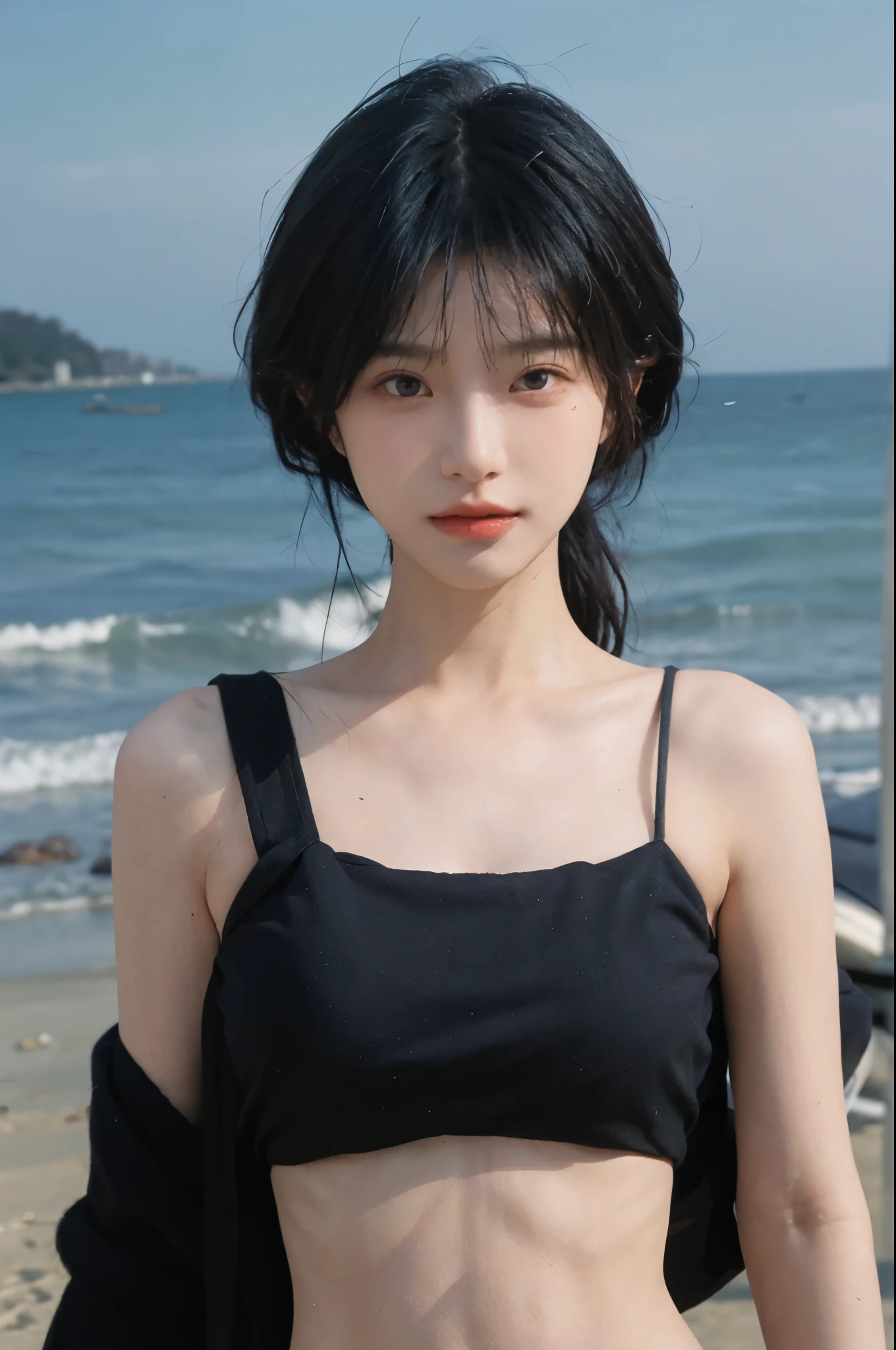 Best quality,Ultra-high resolution,(lifelike:1.4),Cute hairpin,2girll,Short blue hair,jk,Big breasts:1.4,Blush,Slim beauty:1.4,Visible abdominal muscles,on the beach,Ultra-fine face,Exquisite eyes,Double eyelids,