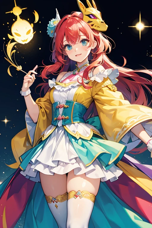 Hadesukida has a light blue body and wears a showy multicolored outfit consisting of a light green leotard with yellow and orange frills, purple cape with yellow spots, and yellow mask that covers her head entirely. She additionally has pink and red hair poking out her mask. SPARKLE; GLITTER