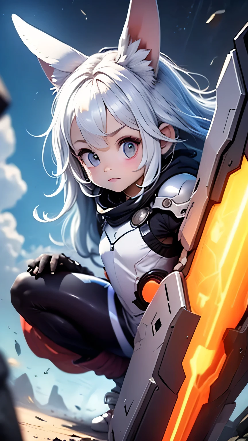 solo,1female\(chibi,cute,kawaii,(white hair:1.7),(very long hair:1.7),bangs,(ear\(fluffy white rabbit-ear\):1.3),(red eye),big eye,beautiful shiny eye,skin color white,big hairbow,(combat suit\((bodysuit:1.5),(skin tight:1.5),body suit,(very tight:1.5),weapons\)),(breast:1.3),fighting stance,dynamic pose,shooting and aiming a laser gun to viewer,(flying)\), BREAK ,background\(in the sky\), BREAK ,quality\(8k,wallpaper of extremely detailed CG unit, ​masterpiece,hight resolution,top-quality,top-quality real texture skin,hyper realisitic,increase the resolution,RAW photos,best qualtiy,highly detailed,the wallpaper,golden ratio\),dynamic angle,better hands,[nsfw:2.0]