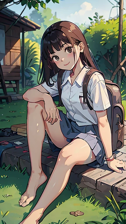 masterpiece, highest quality, High resolution, very detailed, detailed background, cinematic lighting, 1 girl,9 years old, looking at the viewer, barefoot, dress, sitting, short sleeve, looking at the viewer, Grass, long hair, smile, dark brown hair, short sleeves, outdoor, short sleeve, bangs, full body, wearing pink Randoseru Backpack, (Randoseru Backpack:1.0), wet transparent white shirt, grey skirt, Daylight, brown eyes, dappled Daylight, Day、???????、underless、legs spread wide、