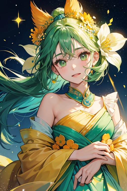 Hajimetchi looks like a green flower bud with orange at the tips. sHe has yellow cheeks and four strands of hair on her forehead. sHe wears blue clothing with two light blue buttons. SPARKLE; GLITTER