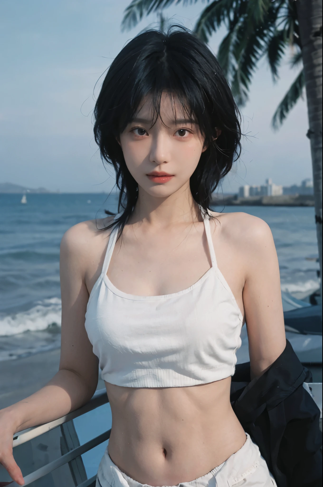 Best quality，Ultra-high resolution，（lifelike：1.4），Cute hairpin，2girll，Short blue hair，jk，Big breasts：１.４，Blush，Slim beauty：1.4，Visible abdominal muscles，on the beach，Ultra-fine face，Exquisite eyes，Double eyelids，