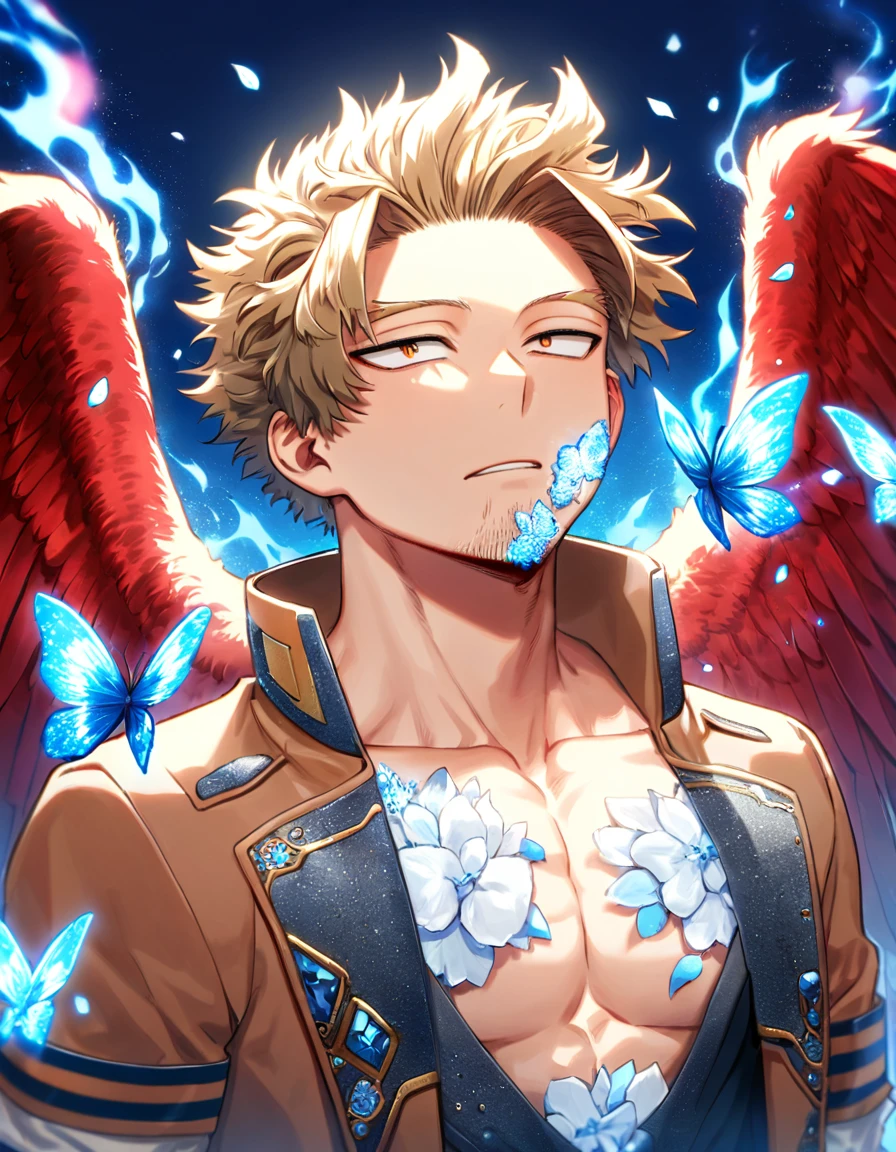 Ultra detailed, Highres, absurdres, HDR, Hawks, Takami Keigo, brown-blond hair, expressive brown-golden eyes, red wings, faint stubble on his chin, blue flowers, Boku No Hero Academia, petals, handsome, sexy man, solo, very detailed eyes and face, glittering blue butterflies, master piece, toned chest, glittering, fantasy, cross, blue background, blue flames, magical, fire, black shirt with patterns, black gloves, brown jacket with white fur,