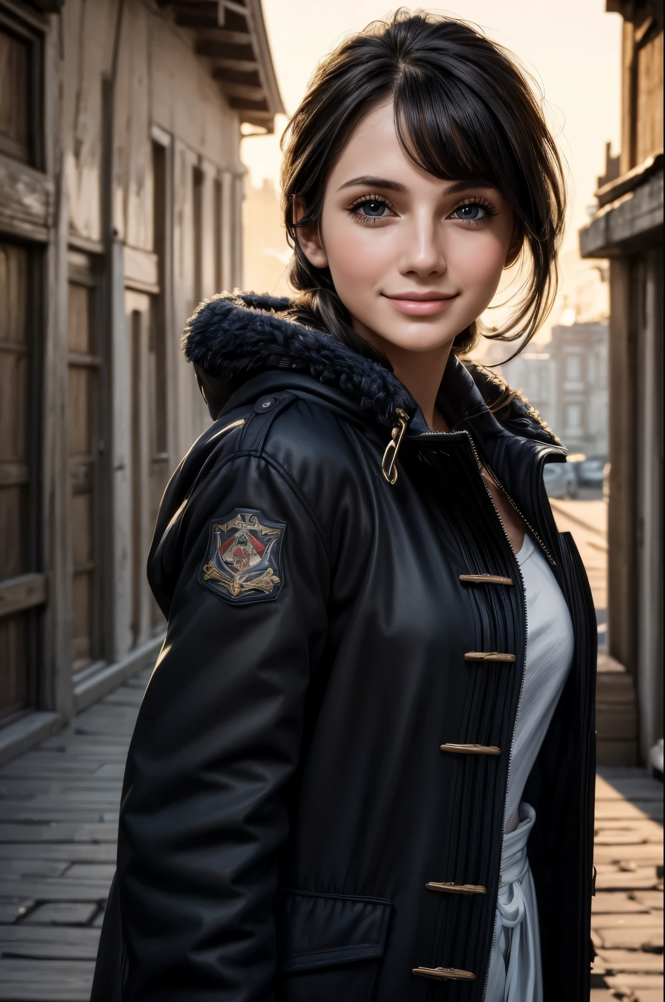 masterpiece, best quality, extremely detailed, hyperrealistic:1.1, photorealistic, a beautiful 20s russian model, ultra detailed face:1.1, with bangs, black hair, navy duffle coat, sunglasses on head:1.1, ruin, in the morning, happy smile:1.1, opening arms to the side of the body
