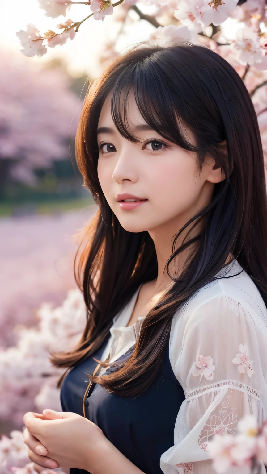 (logo、masterpiece、8k、Tabletop、RAW Photos、wonderful、最high quality、Photorealistic and Very detailed CG integrated 8k wallpaper、high quality、Very detailed、narrative poem、Particle Effects、Dynamic Effects、Depth of written boundary、Cinematic Light、Lens flare、Ray Tracing)、Fantasy、 (1 beauty、dress、dress、Cherry blossom pattern、Black-haired、Beautiful Face、True Face、Beautiful details、eye、Beautiful Skin)、my hair dances in Wind、Hair flutters in Wind、Hair bounces、Pink cherry blossom tree、Petals flutter、SakuraFubuki、wonderful景色、Morning Glow、Sun in the background、Wind、