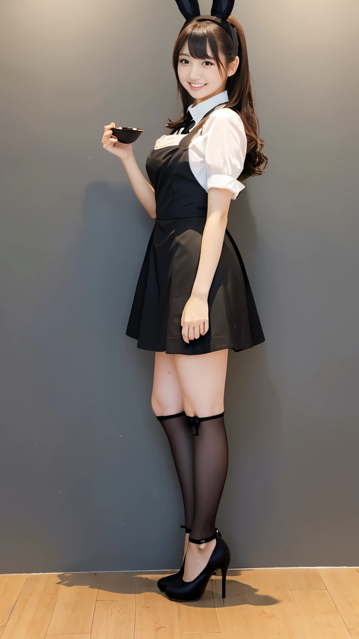 Bunny girl working at maid cafe:1.5,The best smile:1.5,Full Body Shot:1.5,Gray background:1.5,Wearing black high heels:1.5,