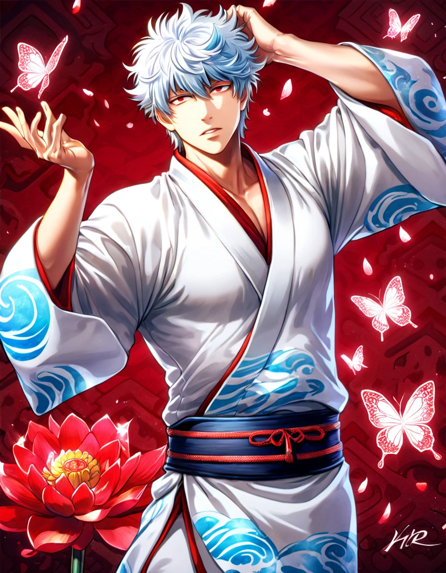 absurdres, highres, ultra detailed, HDR, master piece, best quality, Sakata Gintoki, white hair, expressive red eyes, Gintama, solo, sexy man, handsome, white kimono, patterns, magical, fantasy, red background, red lotus, shining, red petals, red glittering butterflies