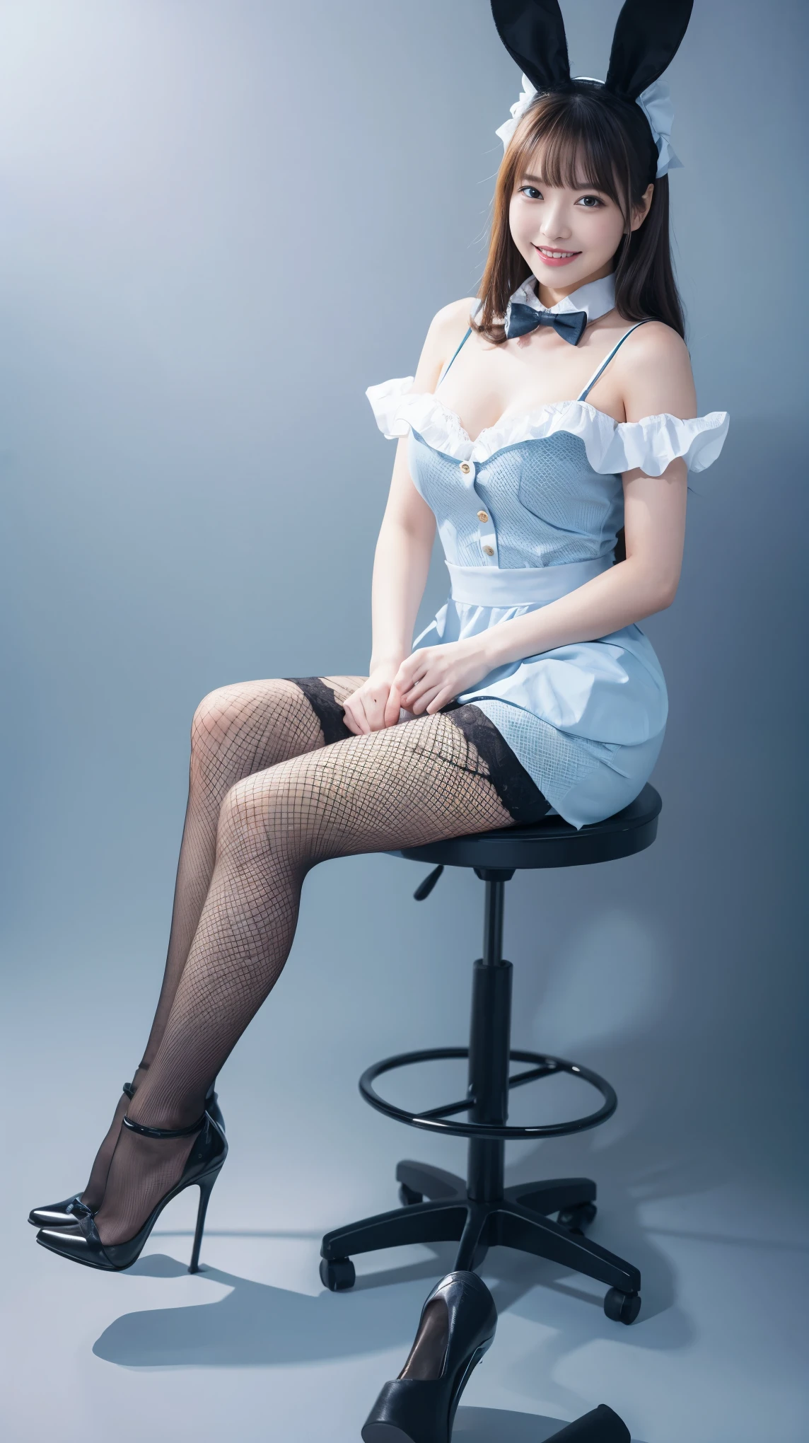 Bunny girl in a light blue maid outfit:1.5，Wearing light blue fishnet stockings:1.5，The best smile:1.5，Full Body Shot:1.5，Gray background:1.5，Wearing black high heels:1.5，