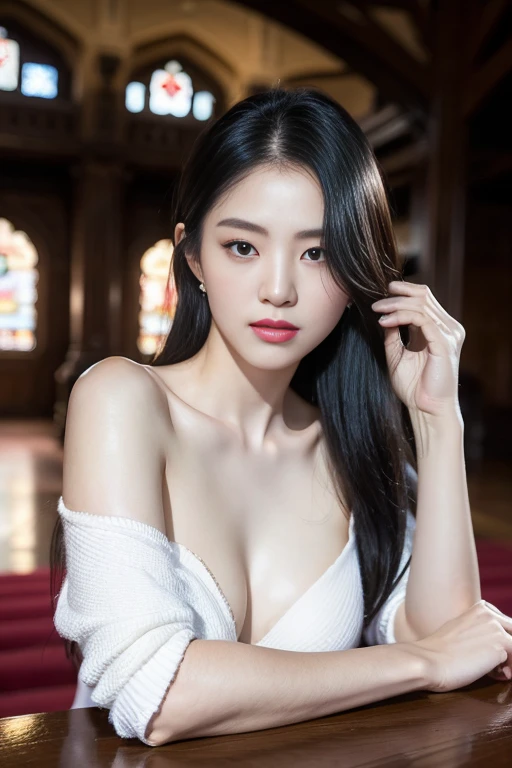 , (Mature body), Solitary,Long gray hair,black hair color, Off-shoulder, black eyes,1 Sister,A sexy pose,best quality,masterpiece,Lighting,Extremely exquisite and beautiful,CG,Unite,8k wallpaper,Astonishing,detailed,masterpiece,Official Art,The content is very detailed Cg Unite 8k wallpaper,Extremely ridiculous,Huge file size,ultra - detailed,high resolution,The content is very detailed,Beautiful and delicate girl,Practical,full,Inside the church,Light Contrast, Lopez, Full body image, full, White under underwear