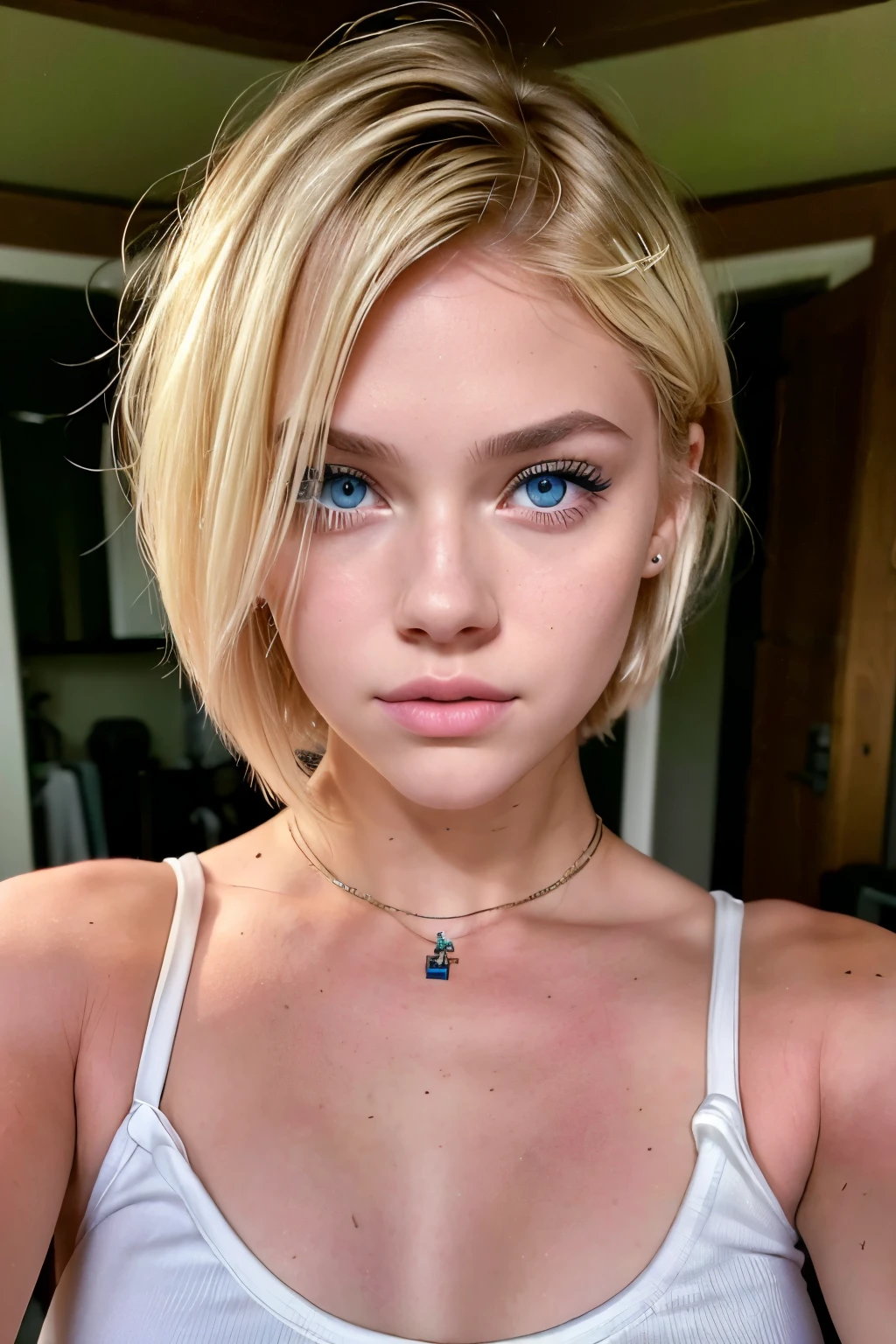 ((AlexiaThompson01R face)). beautiful. perfect, blonde hair, short hair, straight hair, blue eyes. closed look. Vibrant blue eyes, tied hair. hair falling over one eye, emo bangs. perfect skin, white skin. thin nose, thin chin. fitness.