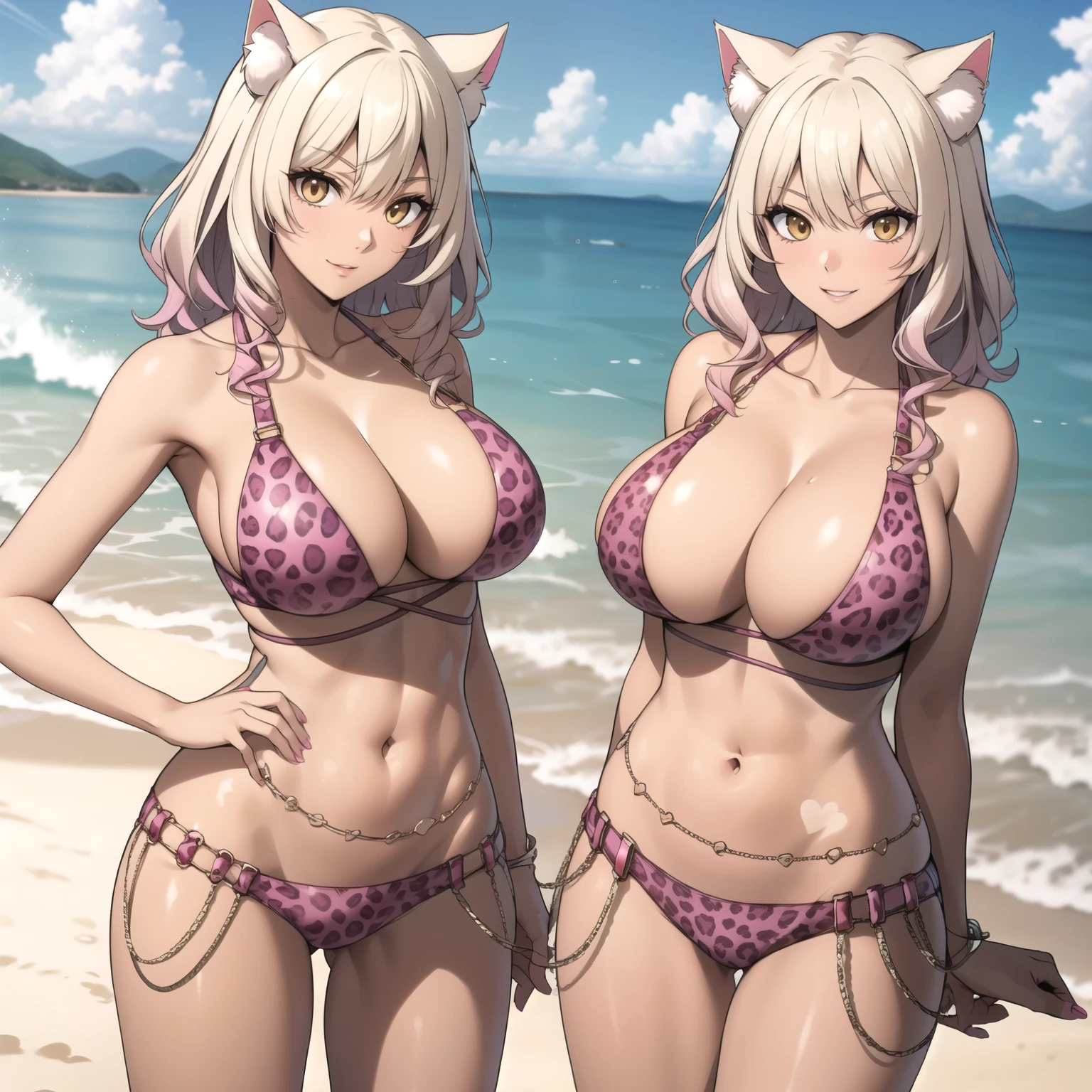 woman age 28 , rubia, cabello rubio con sus puntas rosadas, orejas de gato en su cabeza, piel morena, piel morena y bronceada, pechos grandes, pink leopard print bikini, accesorios de oro, sonrisa picara, esta en una playa soleada, orejas de gato. rostro perfecto. cabello rubio, rubia, pelo rubio, pelo rubio. rubia. orejas de gato, cat ears standing in front of the camera , manos perfectas de pie parada,