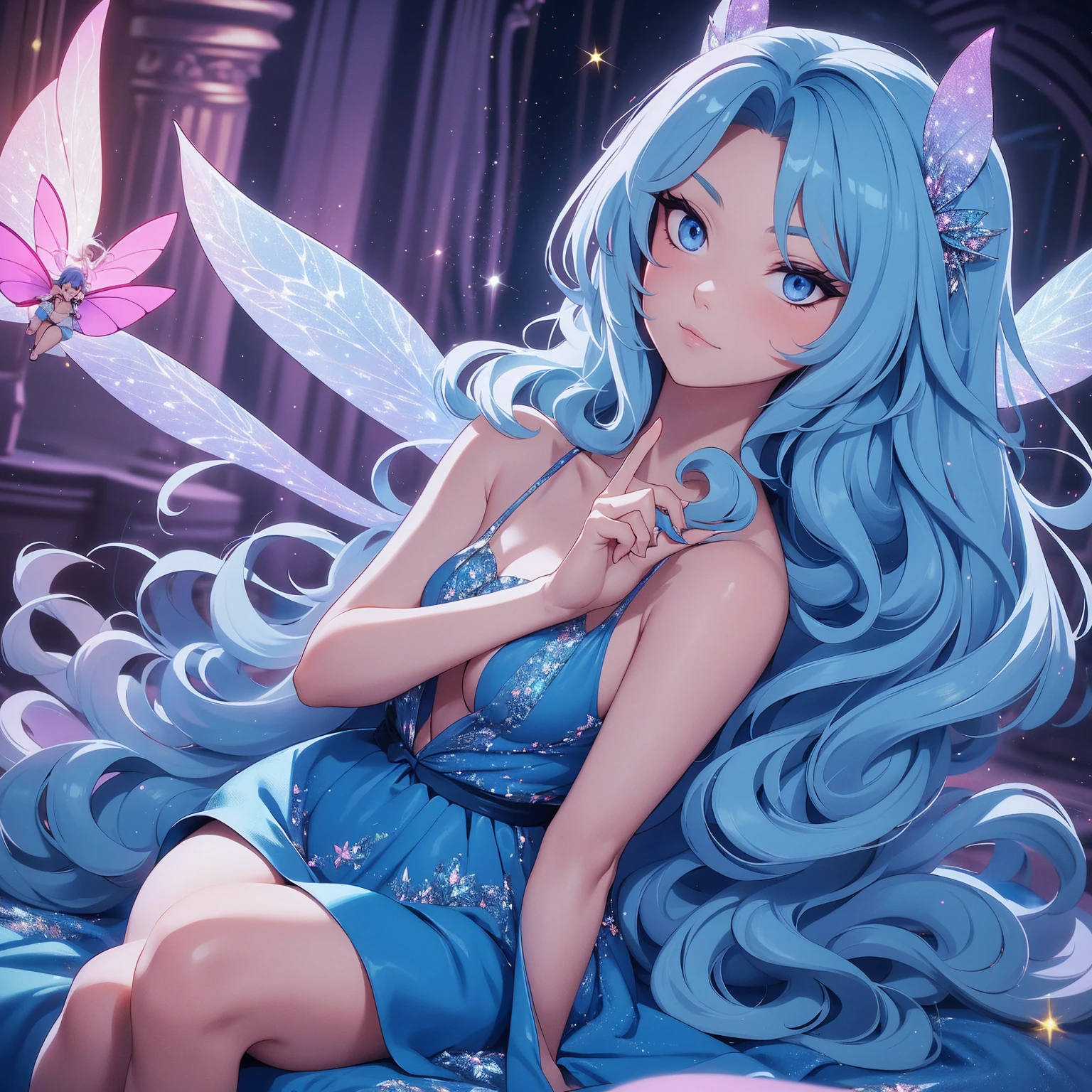 (Absurd, high quality, ultra -compared, careful with the hand) fairy, fairy wings, dreamer body, vivid, romantic and all. Optimistic face, just lies, without entry and intellectual. blue dress. Reckless style, sweet and passion, Gray eyes, cute (eyes of the eyes), enchanted fairy (pixie) . long hair, magenta hair. In the carnival row illustration, flying, dancing lithgly, Whole body, sitting on nature,