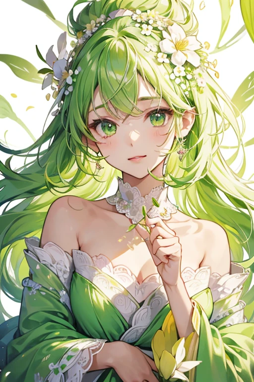 Hanafuwatchi has a green body with white lace around her neck. Her face is yellow, and she has green hair with a white four-petal flower on the right. On the top of her head is a large pink blossom which changes to match her mood. SPARKLE; GLITTER