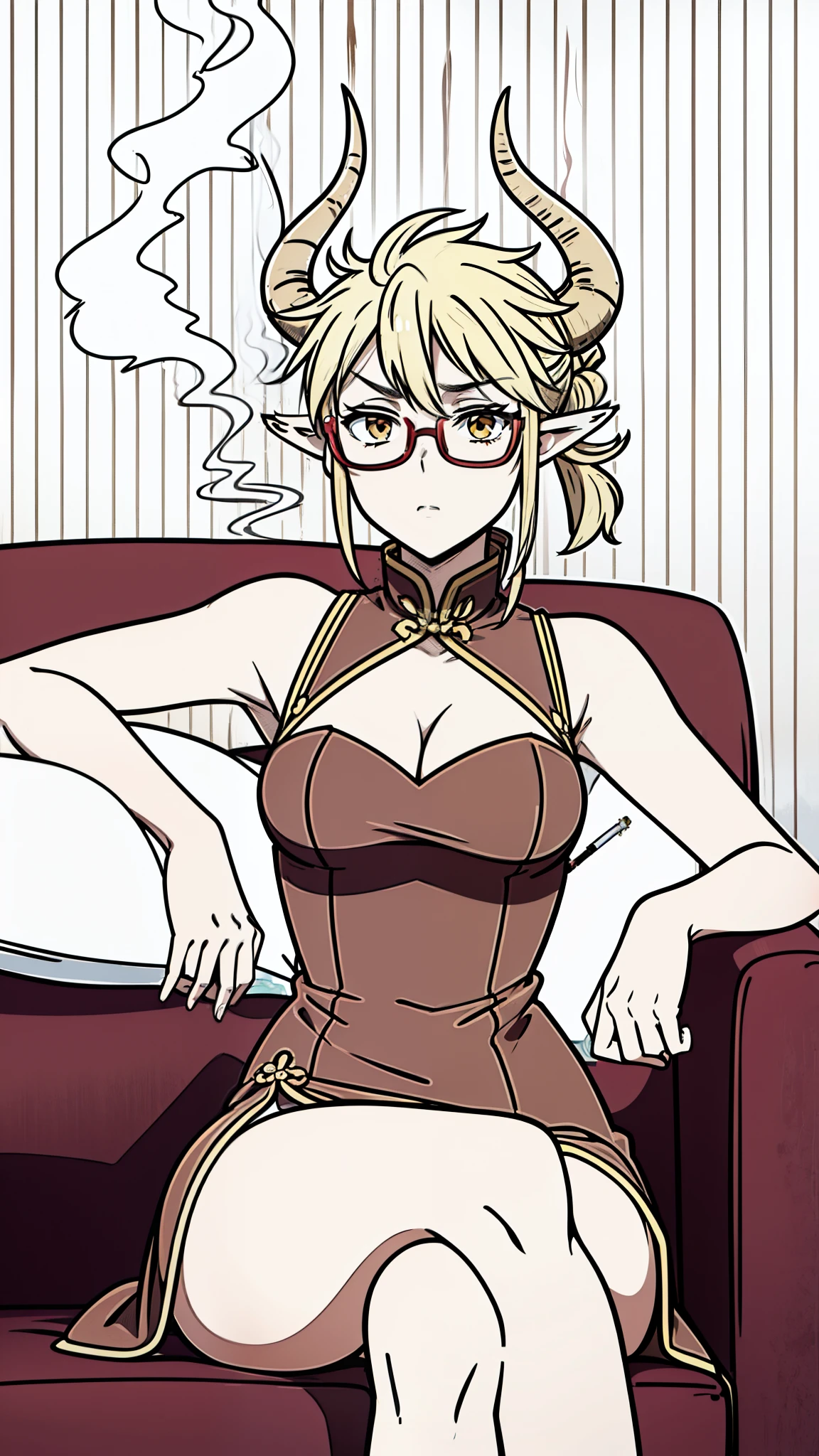 1girl,20s,solo,cleavage,serious,blonde hair, short hair,high ponytail,cow ears,(((smoking,sitting in a sofa,wood wall,crossed legs,))),red dress,double bun,bun cover,china dress,chinese clothes,knee boots,short sleeves,((horns)),glasses,(white background,line drawing),upper body,close-up