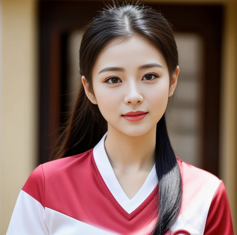 Close-up of a woman wearing a volleyball shirt Expensive silk, dark black, Beautiful Asian woman, Thai anime girl, Chest size 36 inches, beautiful south ponytail,) long, Flowing hair, ponytail, beautiful young korean woman, Korean girl, korean woman, Jae Yeon Nam, beautiful asian girl, young asian woman, Beautiful Asian woman, cute korean baby face, Gorgeous Chinese model, Chinese girl, bright and sparkling,