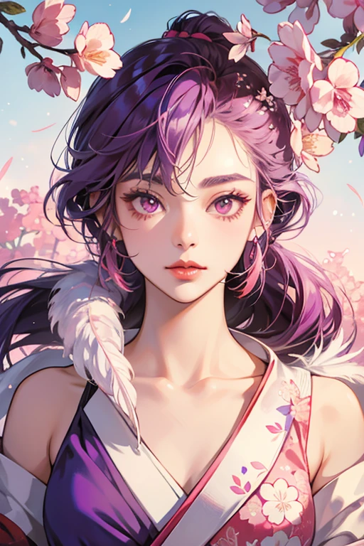 Hanagatatchi has a humanlike head with red lips and purple hair. She has white feathers and pink flowers on her back. SPARKLE; GLITTER
