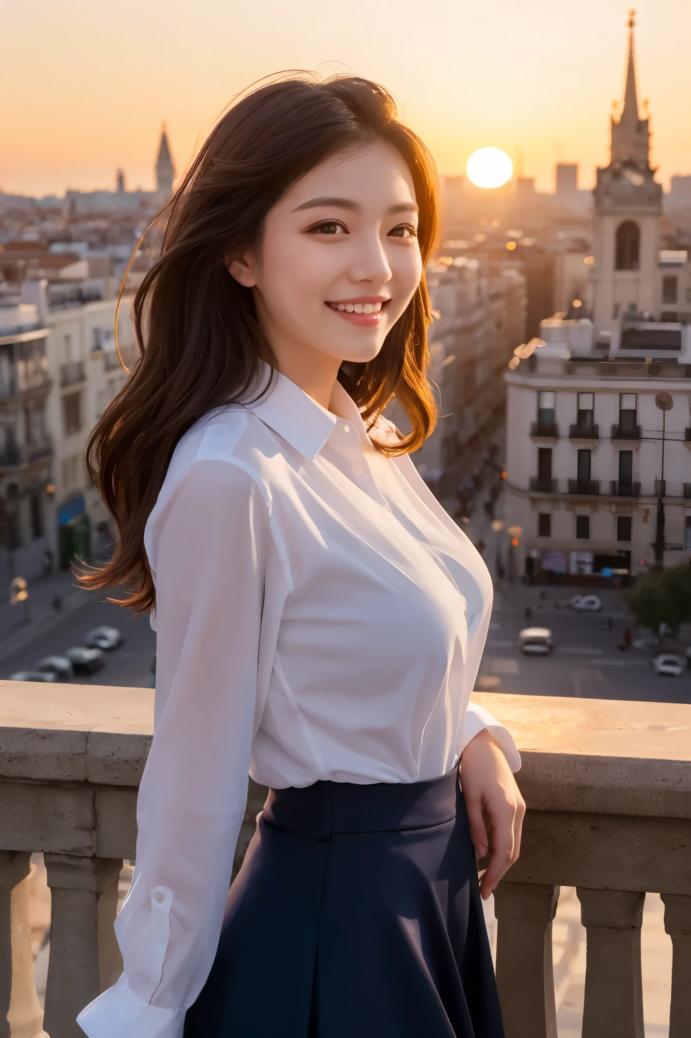((highest quality, Tabletop, 超A high resolution、The most complex and detailed depiction))、1 、18-year-old、expensive ,White shirt,Ribbon on chest,Navy Skirt、Cowboy Shot、Hair swaying in the wind、Recreating the perfect details of Madrid、romantic madrid sunset、Beautiful sunset on background、Detailed background of madrid、big ben madrid、Look at me、Detailed and crisp backgrounds、Big ample breasts、The best smile、The happiest smile、Beautiful sunset、Amazing sunset、Perfect Makeup、Long Wavy Hair