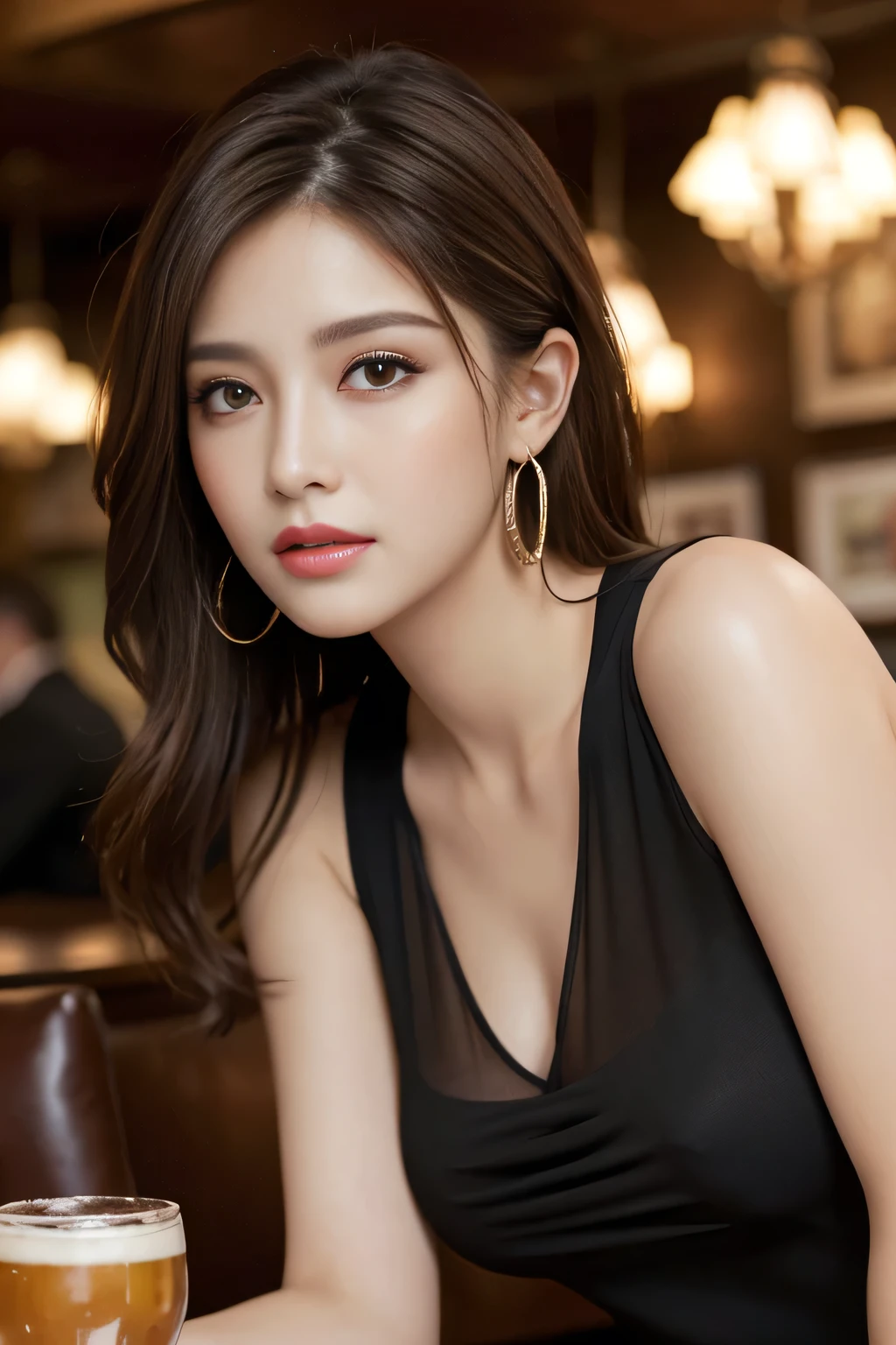 masterpiece, highest quality, Realistic, Very detailed, Finer details, High resolution, 8k wallpaper, One beautiful woman, Wear an elegant black see-through blouse, In a great pub restaurant, At night, Light brown messy hair, Perfect dynamic composition, Beautiful and beautiful eyes、Big earrings、Sleeveless shirt、