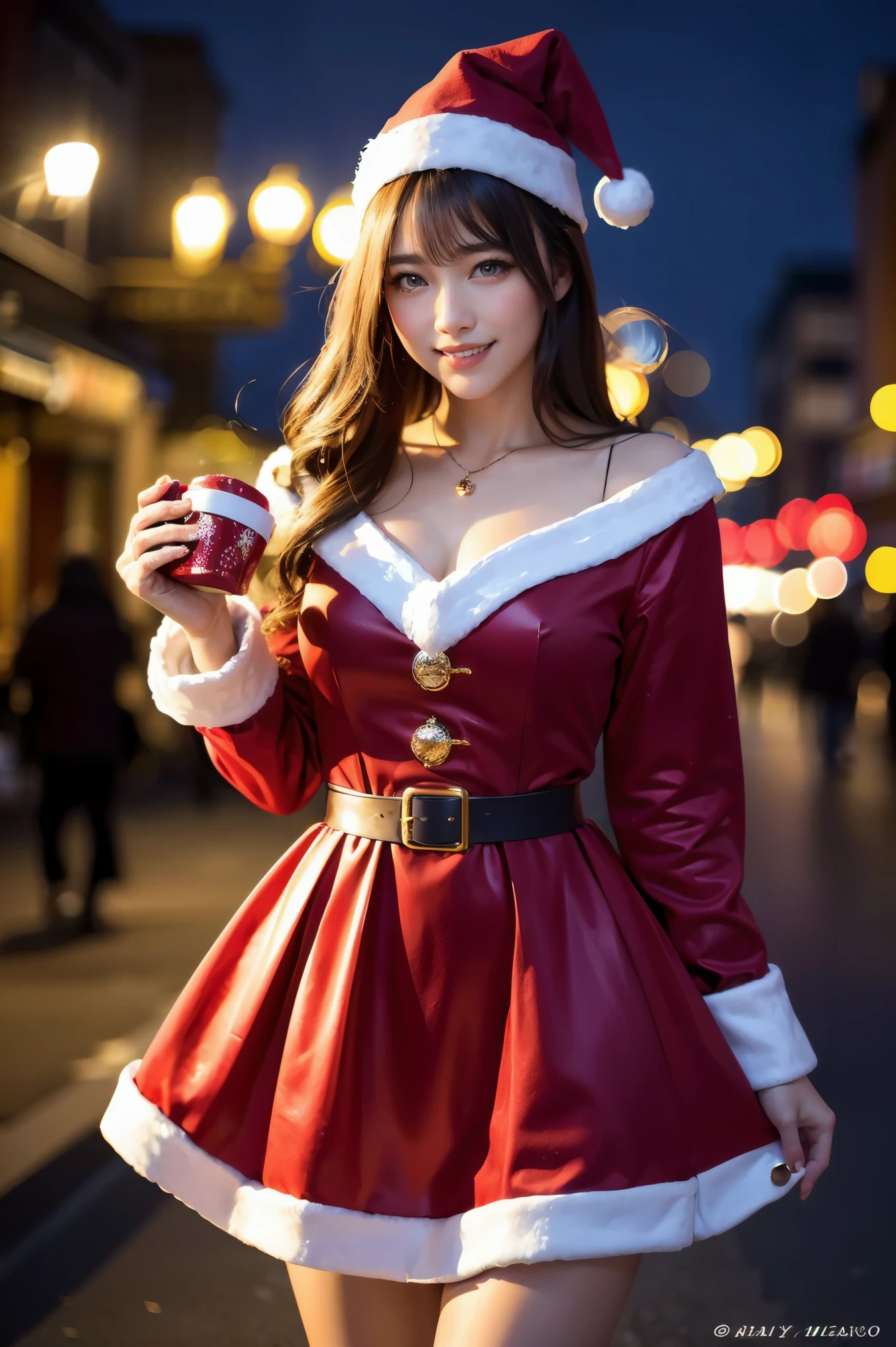 (highest quality、Tabletop、8k、Best image quality、Award-winning works)、One beautiful woman、(Gorgeous Santa Claus costume:1.1)、(Grider Santa Claus Costume:1.1)、Cleavage、Large Breasts、Slender body、Biggest Smile、Santa Claus Costume、Snowing city street、Christmas Night、Gorgeous Christmas illuminations、Gorgeous Christmas tree in the background、Tyndall effect、Spectacular Cinema Lighting、The most moody and romantic