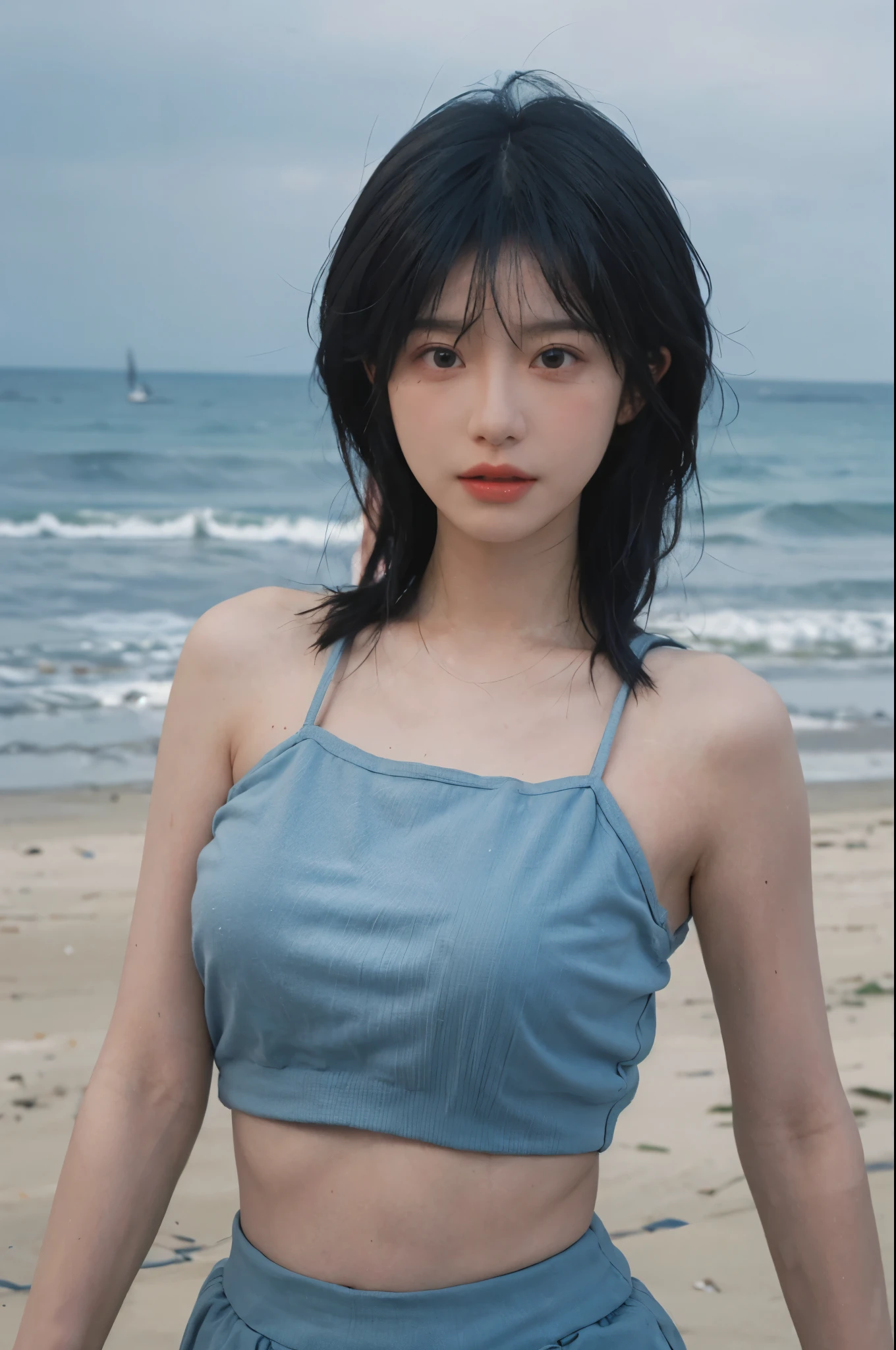 Best quality，Ultra-high resolution，（lifelike：1.4），Cute hairpin，2girll，Short blue hair，jk，Big breasts：１.４，Blush，Slim beauty：1.4，Visible abdominal muscles，on the beach，Ultra-fine face，Exquisite eyes，Double eyelids，