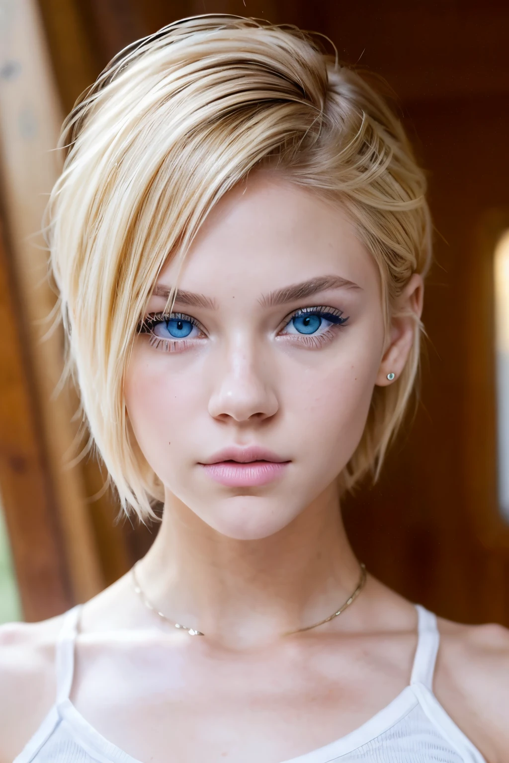 ((AlexiaThompson01R face)). beautiful. perfect, blonde hair, short hair, straight hair, blue eyes. closed look. Vibrant blue eyes, tied hair. hair falling over one eye, emo bangs. perfect skin, white skin. thin nose, thin chin. fitness.