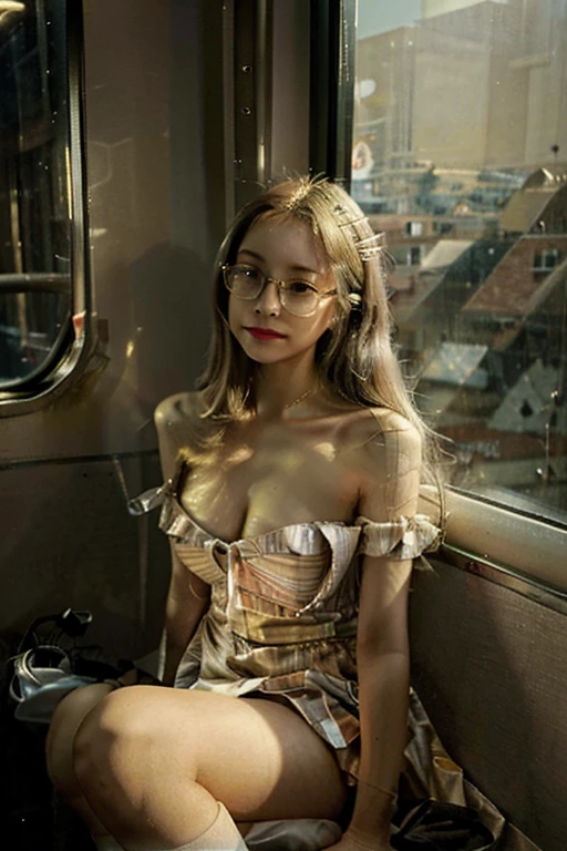 (Best quality, Ultra detailed, Golden ratio, Masterpiece:1.2), Theatrical lighting:0.7, Photo of a woman, dressed in a very elegant and pretty dress, Perfect rare face, (Highly detailed skin), randomly dyed hair, Hide your mouth with your hands、Ridicule, skin texture, Pale skin, shiny skin, (thin, large size:1.2), [:(Sharp focus on rare face, perfect eyes:1.2):0.2], photorealistic, film grain, Put one foot forward、from below looking up、look at camera、Emphasize the shoulders, Focus on face、Stockings、glasses、Smile with corners of mouth raised、disdainful expression, summer haze, muted colors, muted warm colors, Photo cinematic portrait of a woman dressed in a striped dress sitting by the window in the early morning, cinematic, (tilted:1.3) (on an old train) look cautious, standing under a spotlight, volumetric dust clouds, key light, backlight, soft natural lighting, photography Film grain ISO 400 30 mm lens RAW f1.8 aperture, highly detailed (analog photography:1), colors hdr