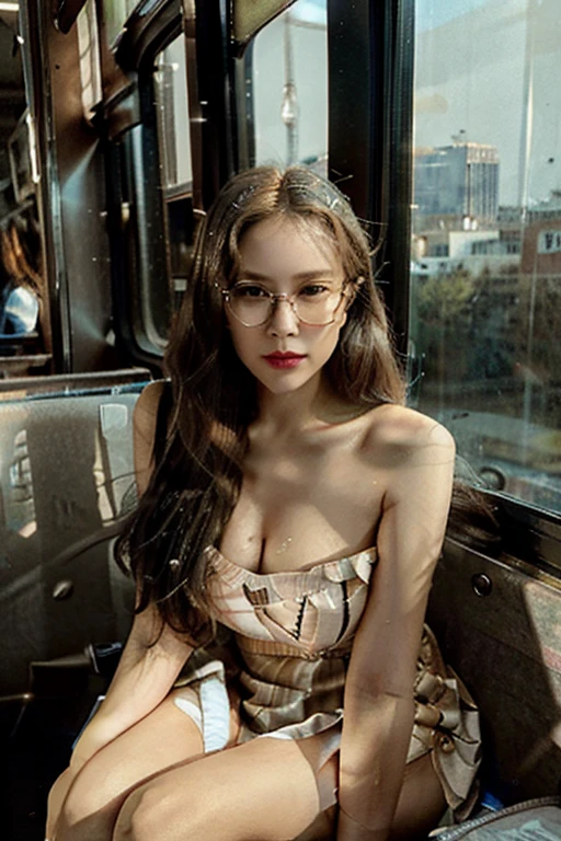 (Best quality, Ultra detailed, Golden ratio, Masterpiece:1.2), Theatrical lighting:0.7, Photo of a woman, dressed in a very elegant and pretty dress, Perfect rare face, (Highly detailed skin), randomly dyed hair, Hide your mouth with your hands、Ridicule, skin texture, Pale skin, shiny skin, (thin, large size:1.2), [:(Sharp focus on rare face, perfect eyes:1.2):0.2], photorealistic, film grain, Put one foot forward、from below looking up、look at camera、Emphasize the shoulders, Focus on face、Stockings、glasses、Smile with corners of mouth raised、disdainful expression, summer haze, muted colors, muted warm colors, Photo cinematic portrait of a woman dressed in a striped dress sitting by the window in the early morning, cinematic, (tilted:1.3) (on an old train) look cautious, standing under a spotlight, volumetric dust clouds, key light, backlight, soft natural lighting, photography Film grain ISO 400 30 mm lens RAW f1.8 aperture, highly detailed (analog photography:1), colors hdr
