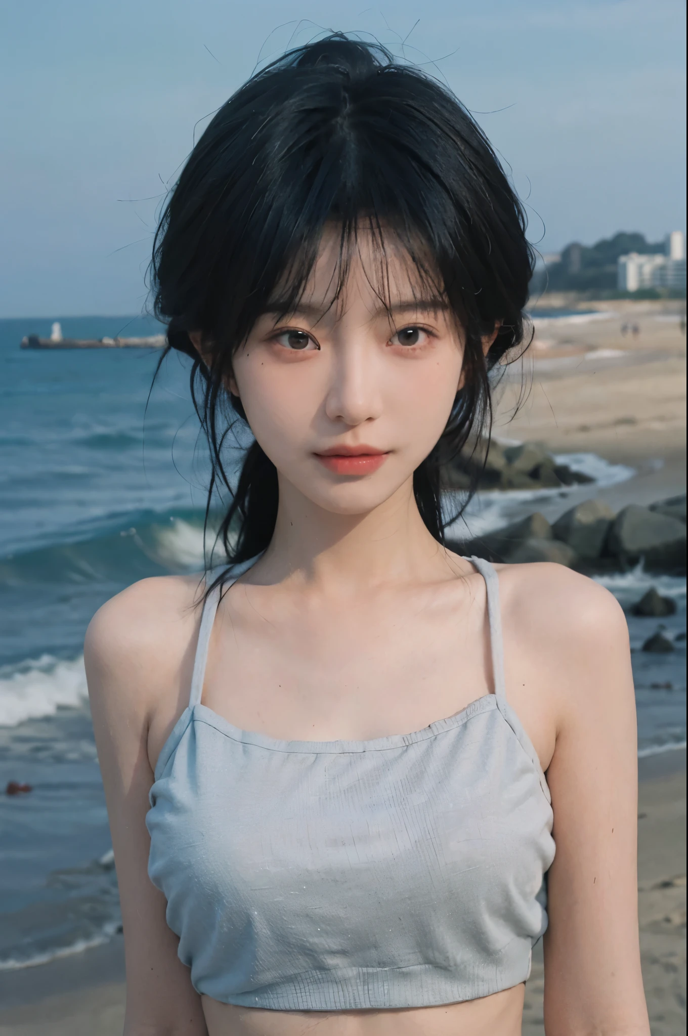 Best quality,Ultra-high resolution,(lifelike:1.4),Cute hairpin,2girll,Short blue hair,jk,Big breasts:1.4,Blush,Slim beauty:1.4,Visible abdominal muscles,on the beach,Ultra-fine face,Exquisite eyes,Double eyelids,