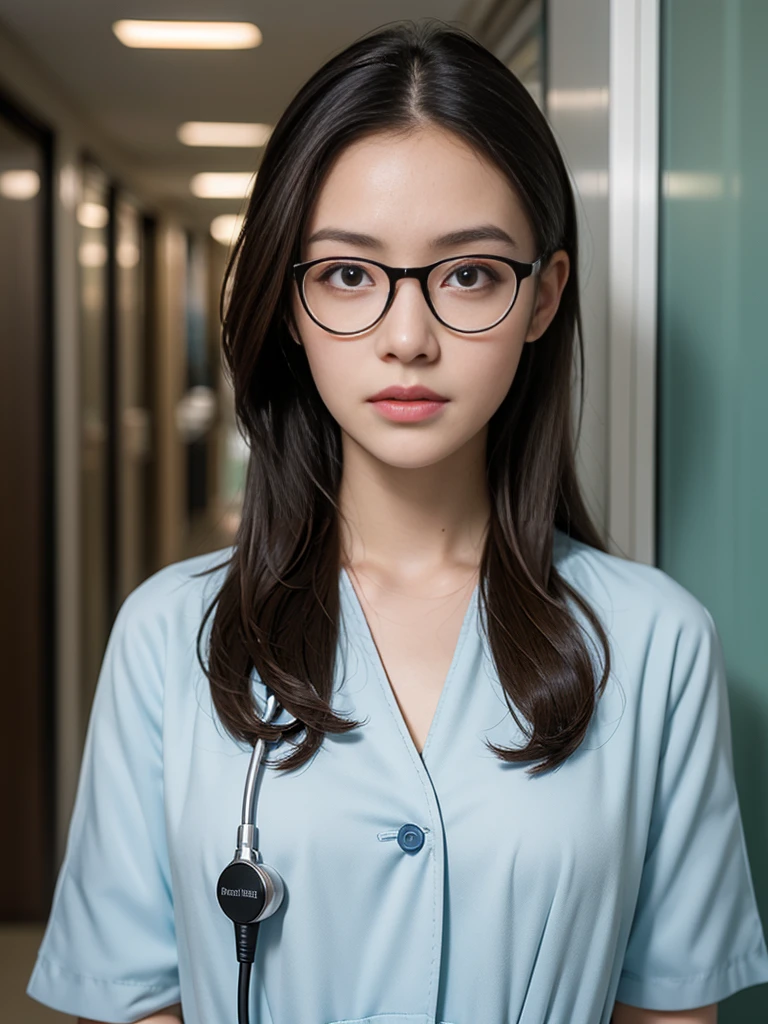 (masterpiece, best quality:1.2), (8k uhd, 16k, 32k, ultra high res), (photorealistic:1.37), (RAW photo), ultimate-realistic, ultimate-realistic details, ultimate-realistic texture, ultimate-intricate details, ultimate-realistic lighting, ultimate-realistic shadow, japanese girl, 24yo, ultimate-cute face, ultimate-RAW skin, ultimate-eyes, young female nurse in a modern hospital setting. She has brown hair tied up neatly, is wearing black-framed glasses, and is dressed in red scrubs. She has a confident and professional demeanor, with a stethoscope draped around her neck and medical tools in her pockets. Riley Reid. The background features a well-lit hospital corridor with medical equipment and windows. (Big bust: 1.8)