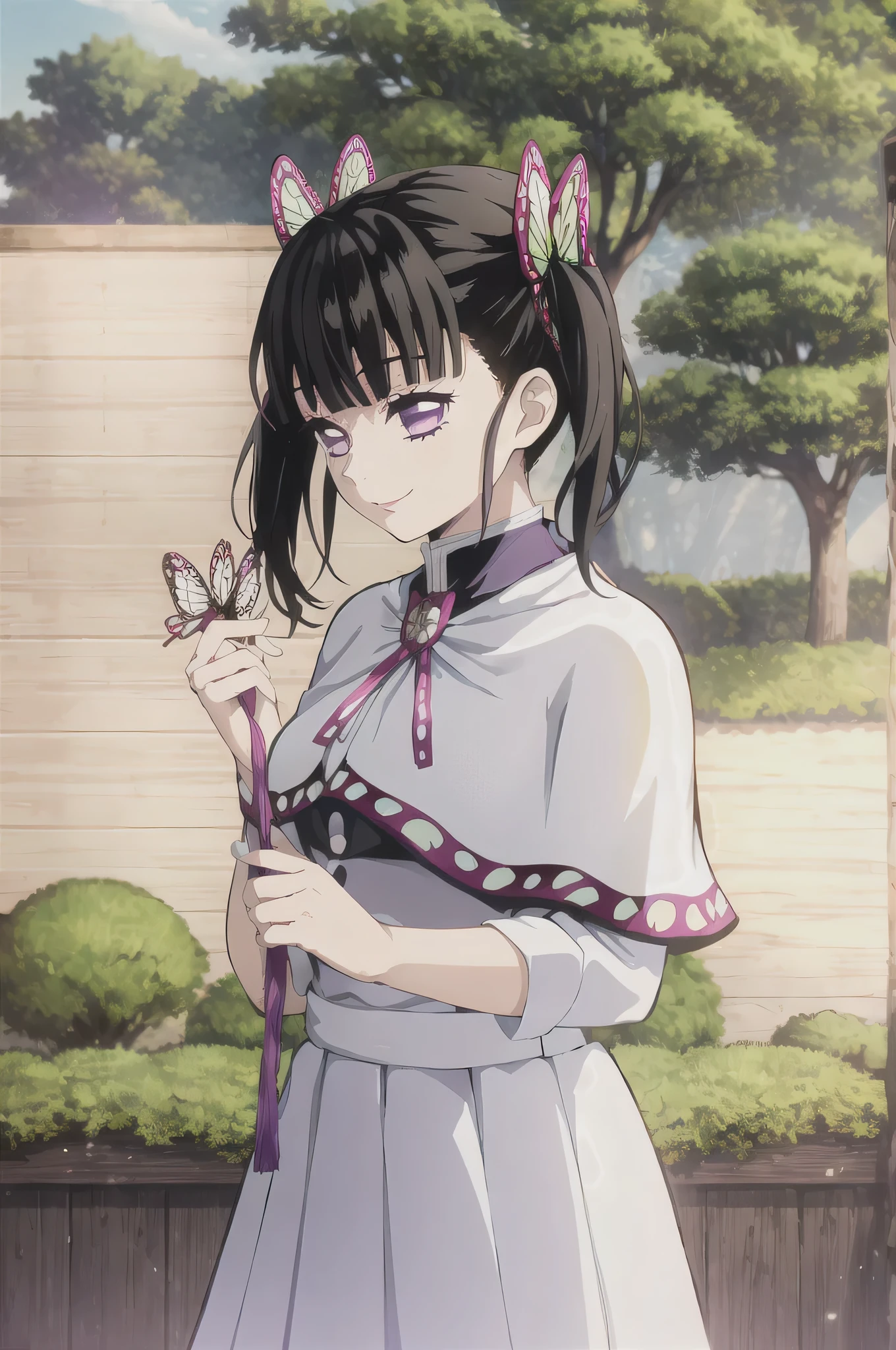 kimetsu no yaiba style, 1girl, butterfly hair ornament, hair ornament, butterfly, bug, demon slayer uniform, solo, purple eyes, side ponytail, butterfly on hand, smile, black hair, white cape, cape, outdoors, bangs, tree, fence, anime coloring,  ((masterpiece)) 