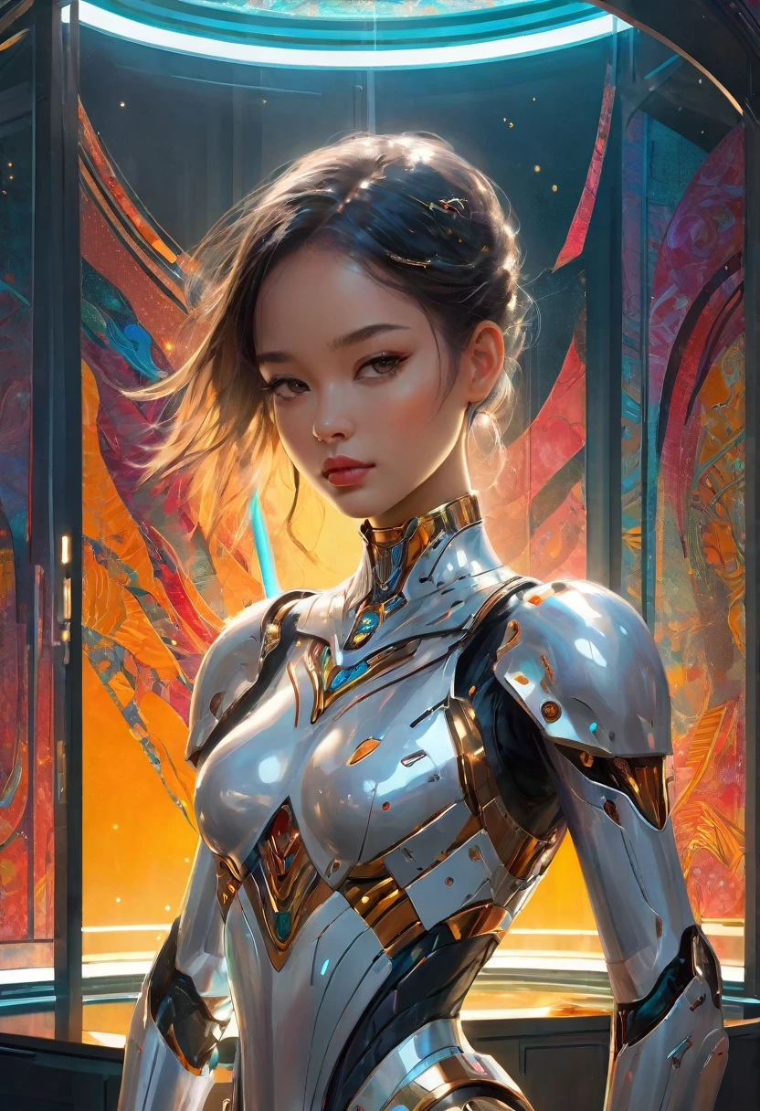A female robot stands in a private reception area, wearing a luxurious futuristic tight combat suit and the Sword of Fire. The room is decorated with avant-garde art installations, illuminating the space with bright colors and dynamic patterns Engraving complex details The focus is mainly on her upper body, with the frame elegantly cut around her waist, highlighting her slender figure and graceful curves Her face blends delicate mechanical features with perfect human features Eye details are charming Her lips are clearly defined, displaying a soft expression, and the natural color tone complements her overall appearance The scattered light highlighted her perfect skin tone The room is bathed in charming HDR lighting, creating a dreamy atmosphere through the perfect balance of shadows and highlights Emphasize the complex details of the surrounding environment through hyperdetail technology, presenting every small detail with astonishing clarity The textures and materials of the room are presented with high precision, showing various luxurious surfaces, from smooth glass panels to reflective metal decorations The overall atmosphere of the image blends the decadence and delicacy of futurism The colors are bright and vivid, with a hint of surrealism, adding depth and visual interest to the scene