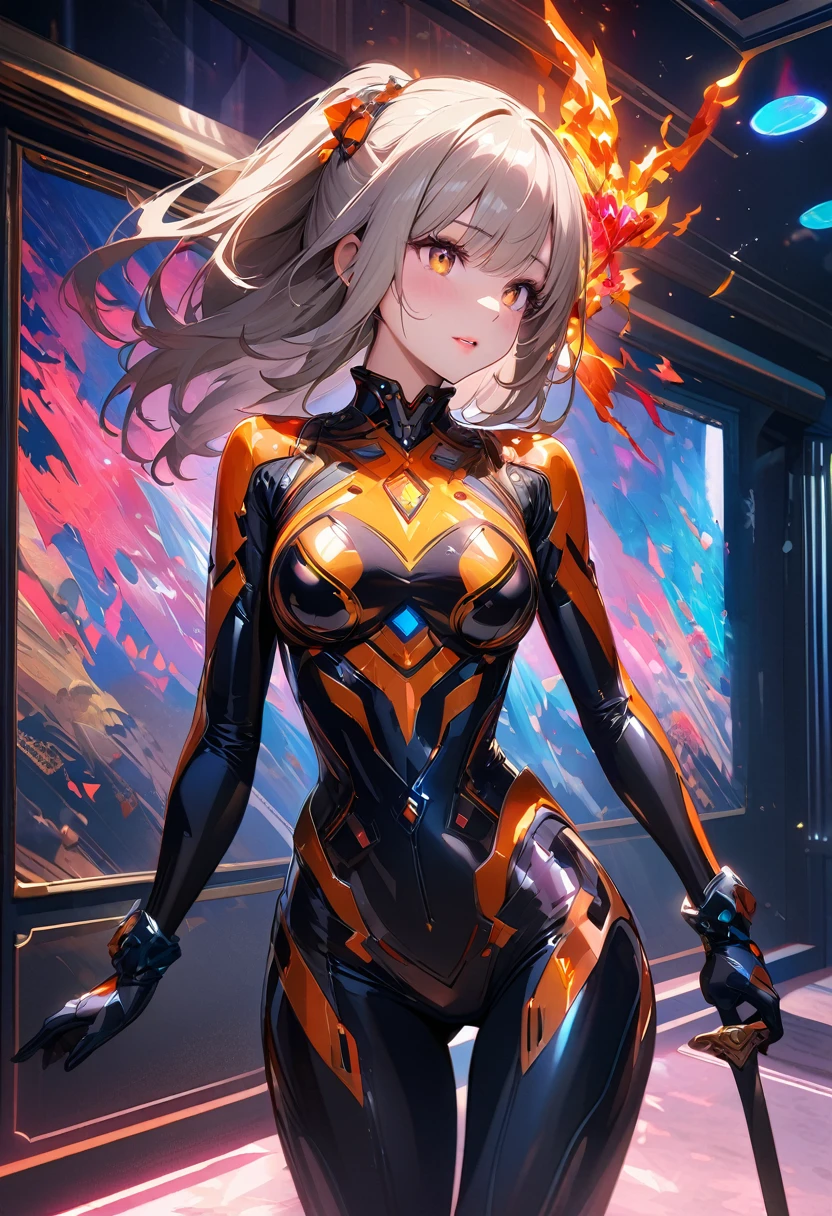 A female robot stands in a private reception area, wearing a luxurious futuristic tight combat suit and the Sword of Fire. The room is decorated with avant-garde art installations, illuminating the space with bright colors and dynamic patterns Engraving complex details The focus is mainly on her upper body, with the frame elegantly cut around her waist, highlighting her slender figure and graceful curves Her face blends delicate mechanical features with perfect human features Eye details are charming Her lips are clearly defined, displaying a soft expression, and the natural color tone complements her overall appearance The scattered light highlighted her perfect skin tone The room is bathed in charming HDR lighting, creating a dreamy atmosphere through the perfect balance of shadows and highlights Emphasize the complex details of the surrounding environment through hyperdetail technology, presenting every small detail with astonishing clarity The textures and materials of the room are presented with high precision, showing various luxurious surfaces, from smooth glass panels to reflective metal decorations The overall atmosphere of the image blends the decadence and delicacy of futurism The colors are bright and vivid, with a hint of surrealism, adding depth and visual interest to the scene