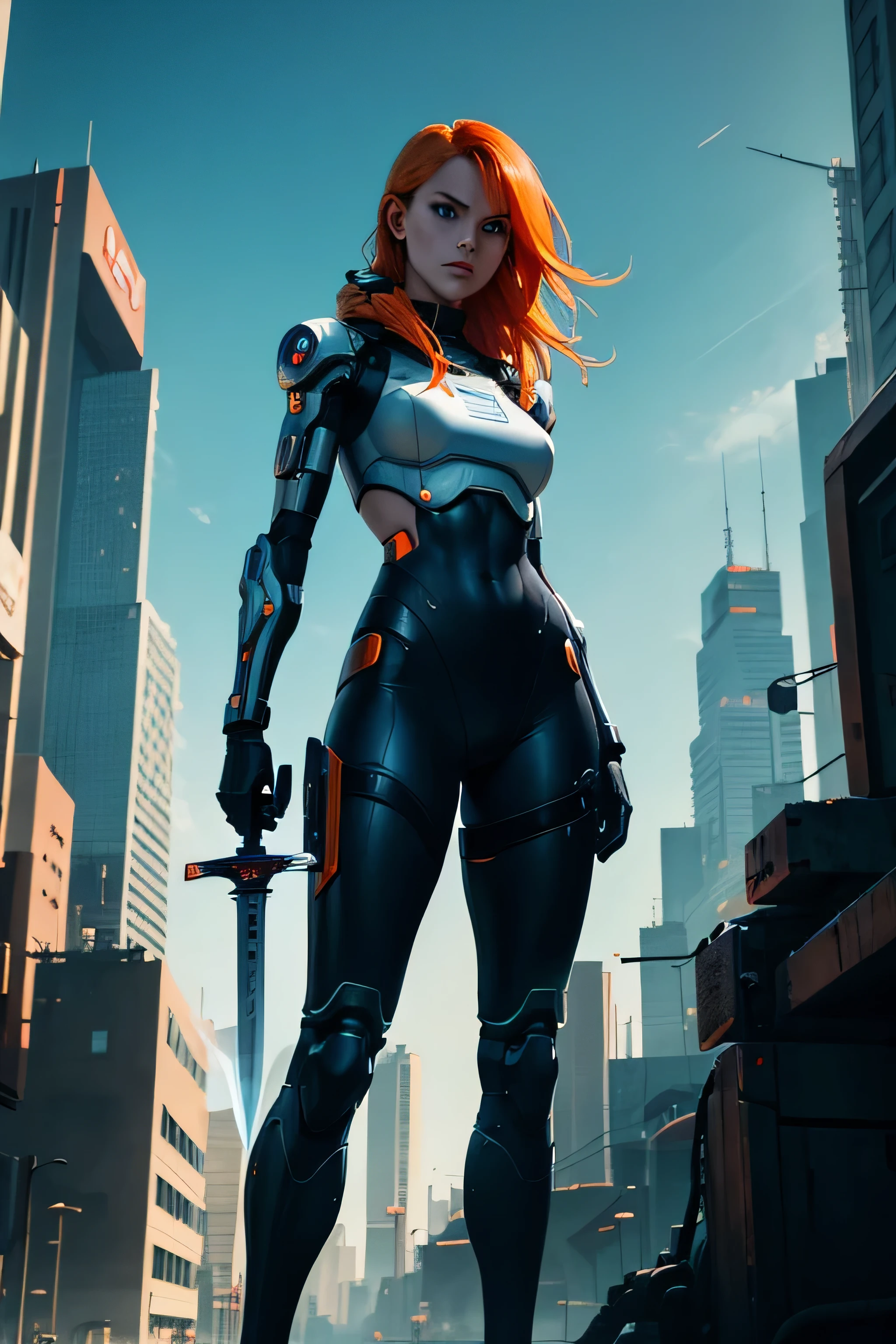 Woman, orange hair, white robotic body, large blue eyes, holding a cyberpunk sword, city background, human legs, holding sword high, proud, strong