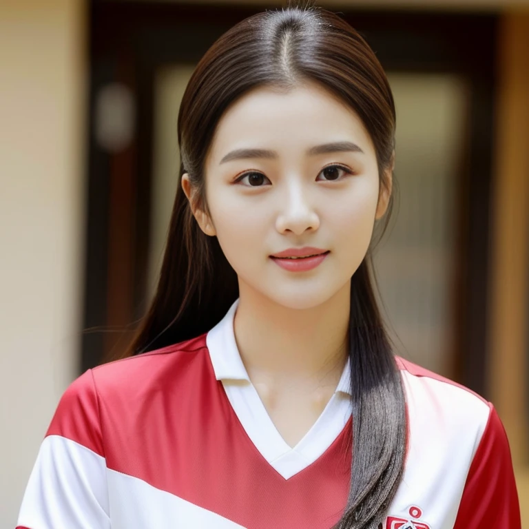 Close-up of a woman with long hair wearing a red and white shirt., beautiful south korean woman, Korean girl, korean woman, beautiful young korean woman, gorgeous young korean woman, Chinese girl, Korean symmetrical face, Dilraba Dilmurat, Lee Ji Eun, Lee Ji-eun, Cute young Korean face, Chinese woman, Wear a volleyball shirt.