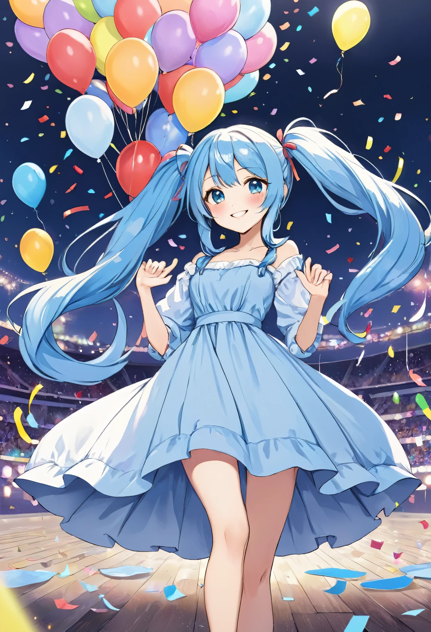 Very detailed, masterpiece, Balloon aura, Colorful confetti, Light blue long hair、Beautiful girl with twin tails、Bright smile、loose fitting dress