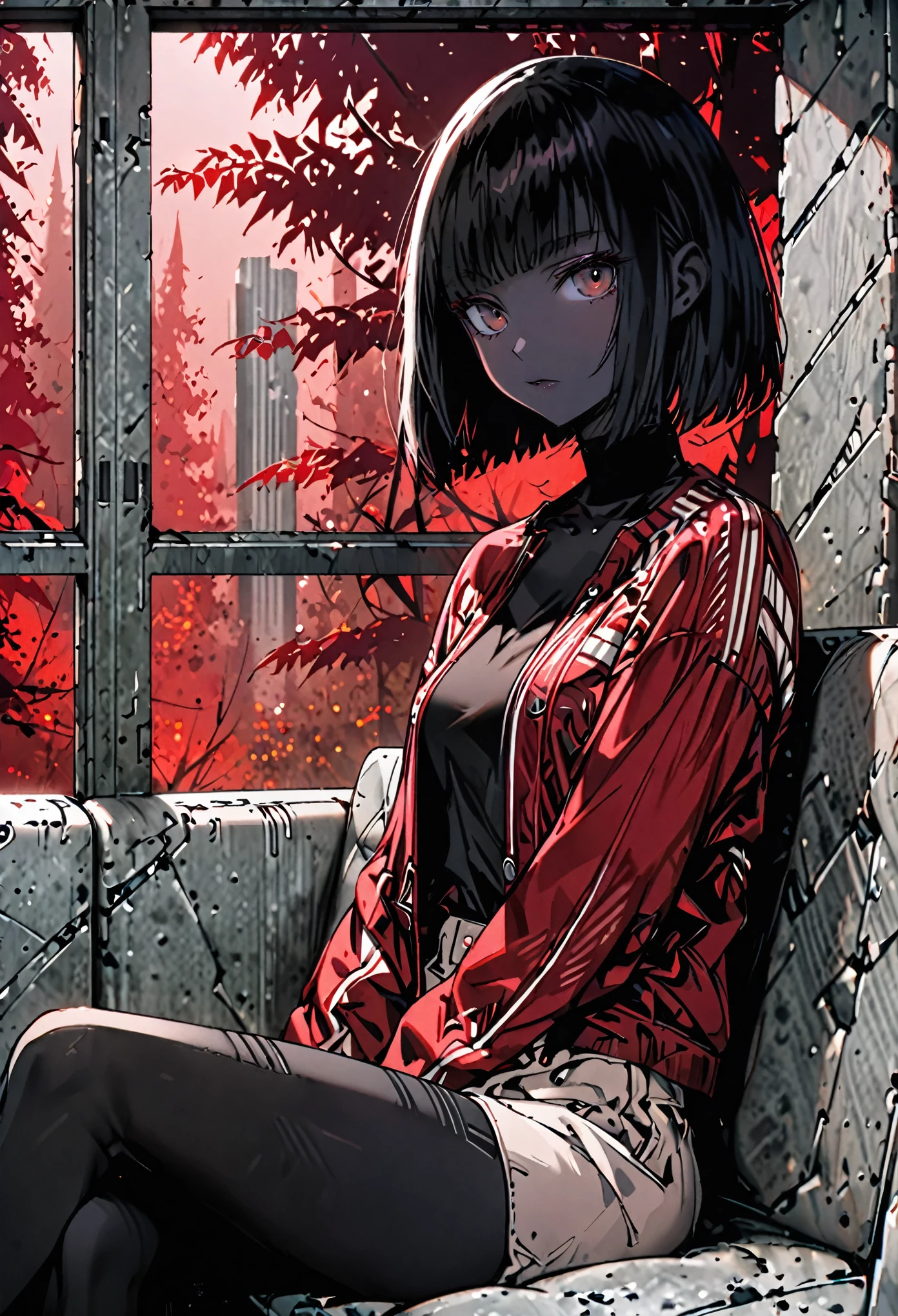 solo, female, sfw, medium shot, long hair, black hair, bob cut hair, futuristic, concrete, brutalism, red forest lansdcape, panoramic window, brown eyes, black skin, sitting, velvet couch, close up, casual clothes