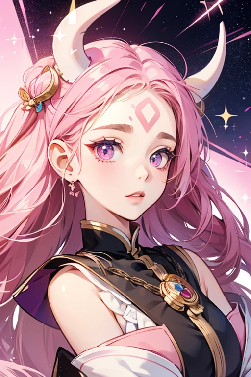 she has a tuft on hair on her forehead. she has large eyes, pink cheeks, and two horns. Hanbunkotchi's body is split in two colors; the left side is always slate-blue and pink . SPARKLE; GLITTER
