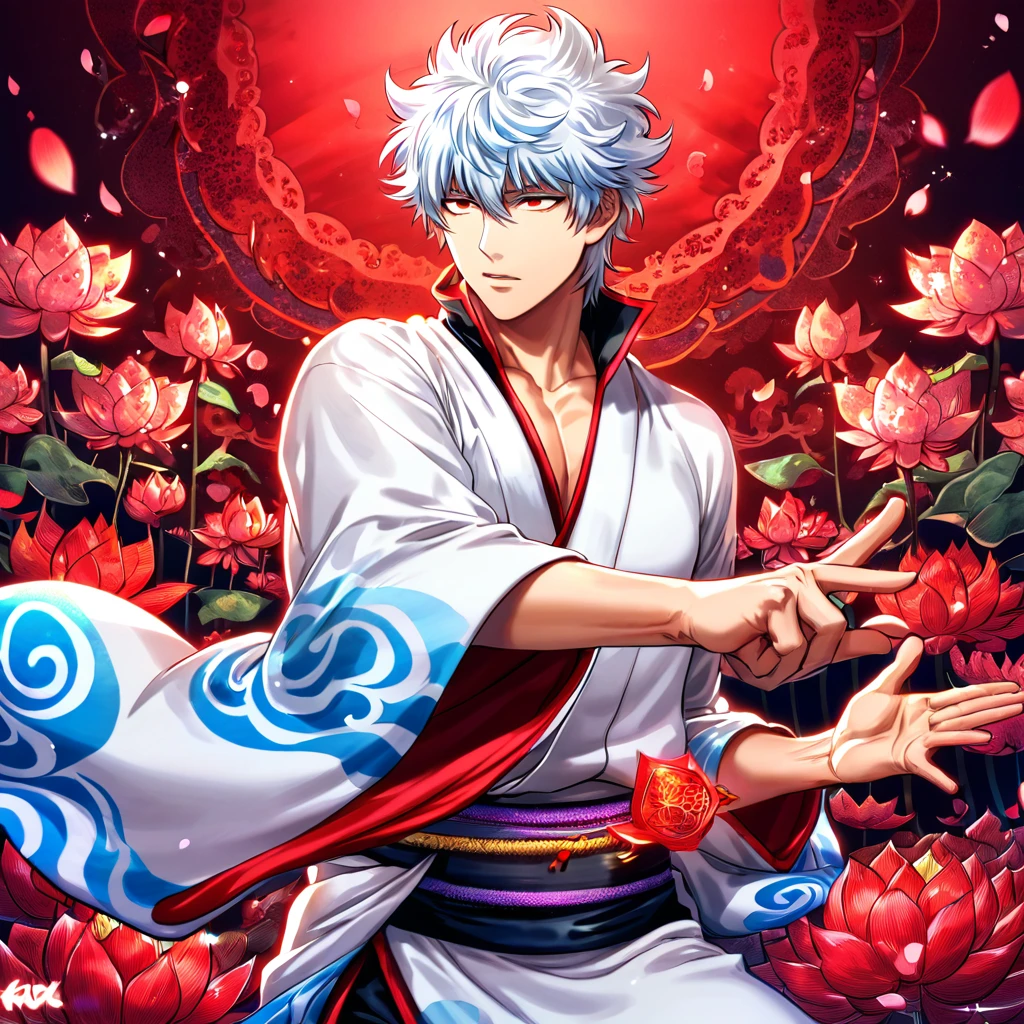 absurdres, highres, ultra detailed, HDR, master piece, best quality, Sakata Gintoki, white hair, expressive red eyes, Gintama, solo, sexy man, handsome, white kimono, patterns, magical, fantasy, red sky, red lotus, shining, red petals, red glittering butterflies