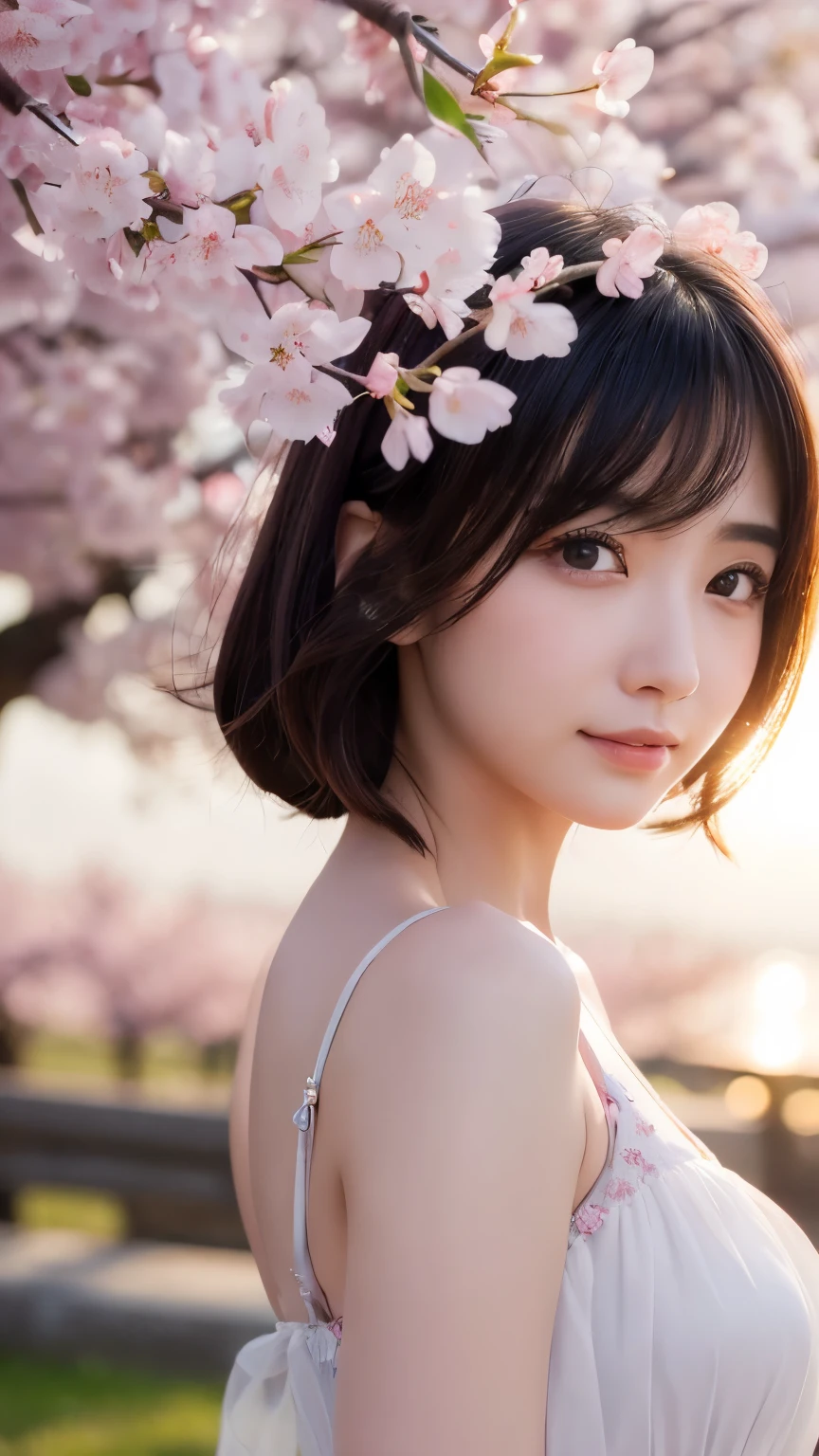 (logo、masterpiece、8k、Tabletop、RAW Photos、wonderful、最high quality、Photorealistic and Very detailed CG integrated 8k wallpaper、high quality、Very detailed、narrative poem、Particle Effects、Dynamic Effects、Depth of written boundary、Cinematic Light、Lens flare、Ray Tracing)、Fantasy、 (1 beauty、dress、dress、Cherry blossom pattern、Black-haired、Beautiful Face、True Face、Beautiful details、eye、Beautiful Skin)、my hair dances in Wind、Hair flutters in Wind、Hair bounces、Pink cherry blossom tree、Petals flutter、SakuraFubuki、wonderful景色、Morning Glow、Sun in the background、Wind、