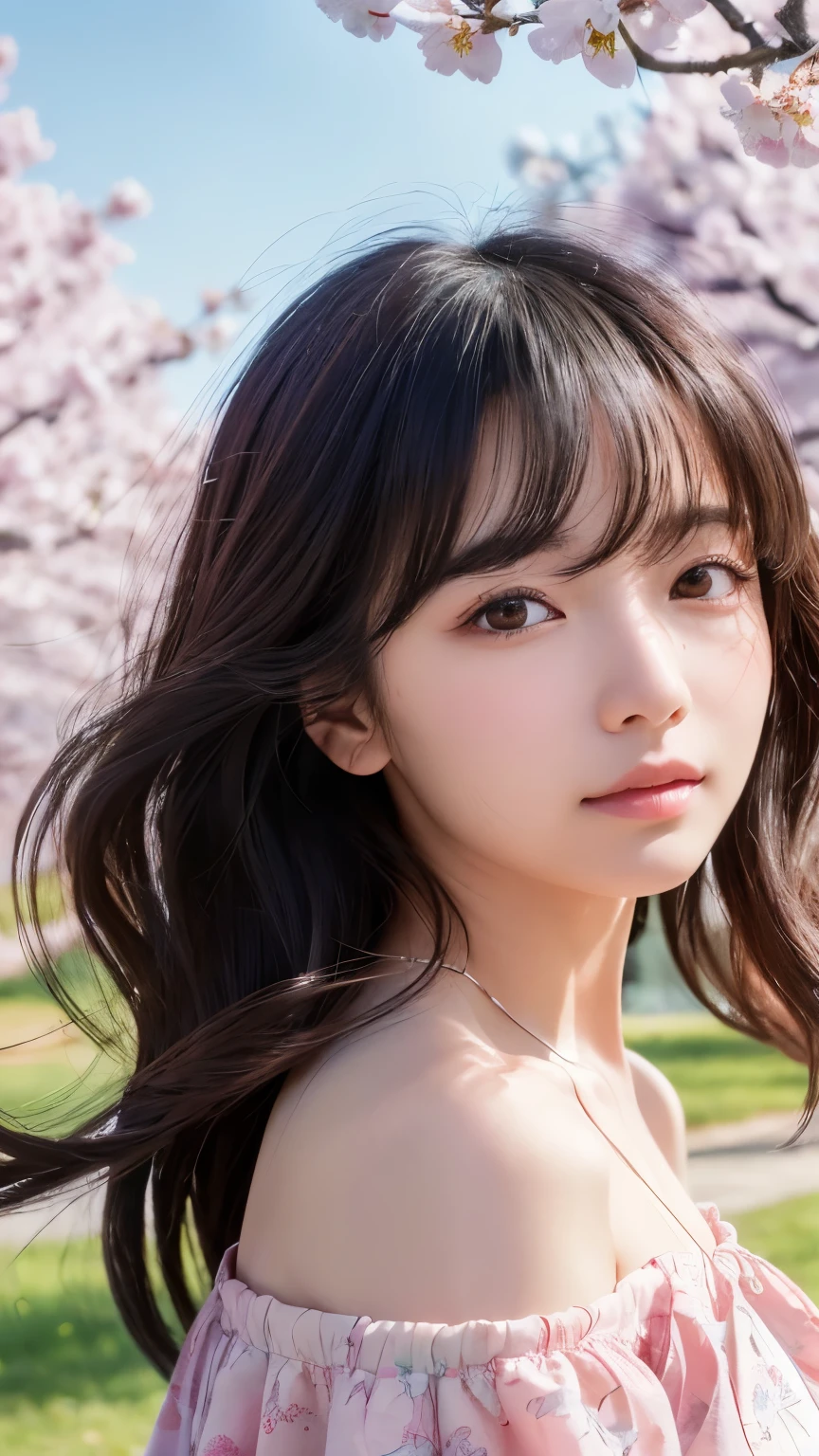 (logo、masterpiece、8k、Tabletop、RAW Photos、wonderful、最high quality、Photorealistic and Very detailed CG integrated 8k wallpaper、high quality、Very detailed、narrative poem、Particle Effects、Dynamic Effects、Depth of written boundary、Cinematic Light、Lens flare、Ray Tracing)、Fantasy、 (1 beauty、dress、dress、Cherry blossom pattern、Black-haired、Beautiful Face、True Face、Beautiful details、eye、Beautiful Skin)、my hair dances in Wind、Hair flutters in Wind、Hair bounces、Pink cherry blossom tree、Petals flutter、SakuraFubuki、wonderful景色、Morning Glow、Sun in the background、Wind、