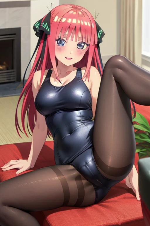 best quality, masterpiece, high quality, insanely detailed, nino nakano, one-piece swimsuit, breasts, pantyhose, blush, smile, in the living room, leg spread