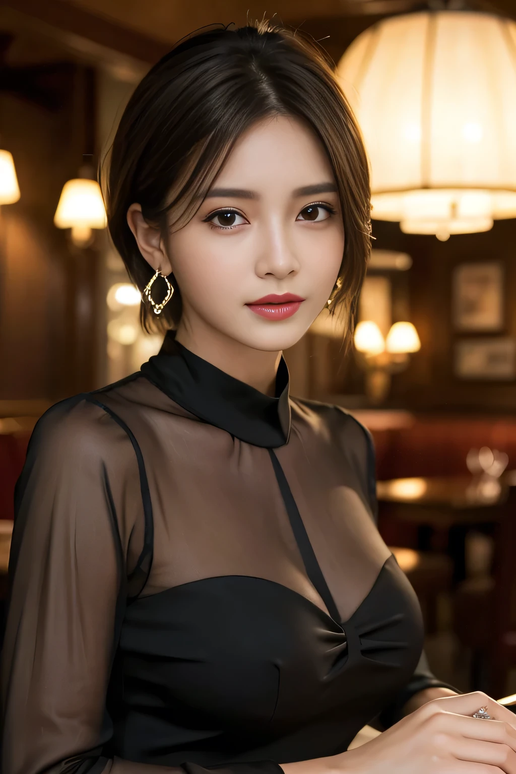 masterpiece, highest quality, Realistic, Very detailed, Finer details, High resolution, 8k wallpaper, One beautiful woman, Wear an elegant black see-through blouse, In a great pub restaurant, At night, Light brown, unkempt short hair, Perfect dynamic composition, Beautiful and beautiful eyes、Big earrings