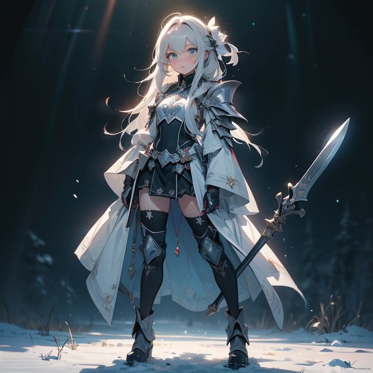 (((masterpiece, best quality, high detailed, 8k))) Design a layout showcase Gaming character, (1girl). Blue|Silver clothes, stylish and unique. ((showcase weapon:1.4)), bow and arrows. (masterpiece:1.2), (best quality), 4k, ultra-detailed. (Step by step design, layout art:1.5), (luminous lighting, atmospheric lighting). archer, ((glove full hands)), (((revealing clothes:1.3))), vambraces, armored legwear, (((full_body_shot:1.4))). {On a snowy mountain}.