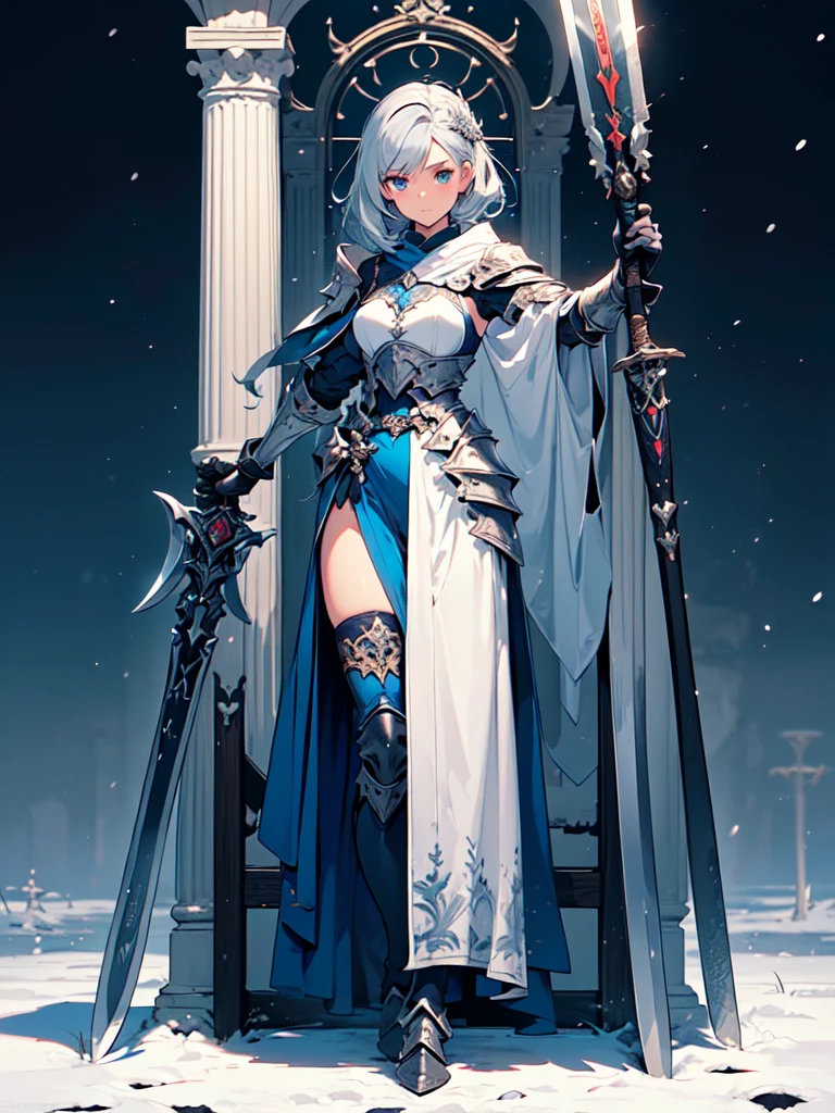 (((masterpiece, best quality, high detailed, 8k))) Design a layout showcase Gaming character, (1girl). Blue|Silver clothes, stylish and unique. ((showcase weapon:1.4)), bow and arrows. (masterpiece:1.2), (best quality), 4k, ultra-detailed. (Step by step design, layout art:1.5), (luminous lighting, atmospheric lighting). archer, ((glove full hands)), (((revealing clothes:1.3))), vambraces, armored legwear, (((full_body_shot:1.4))). {On a snowy mountain}.
