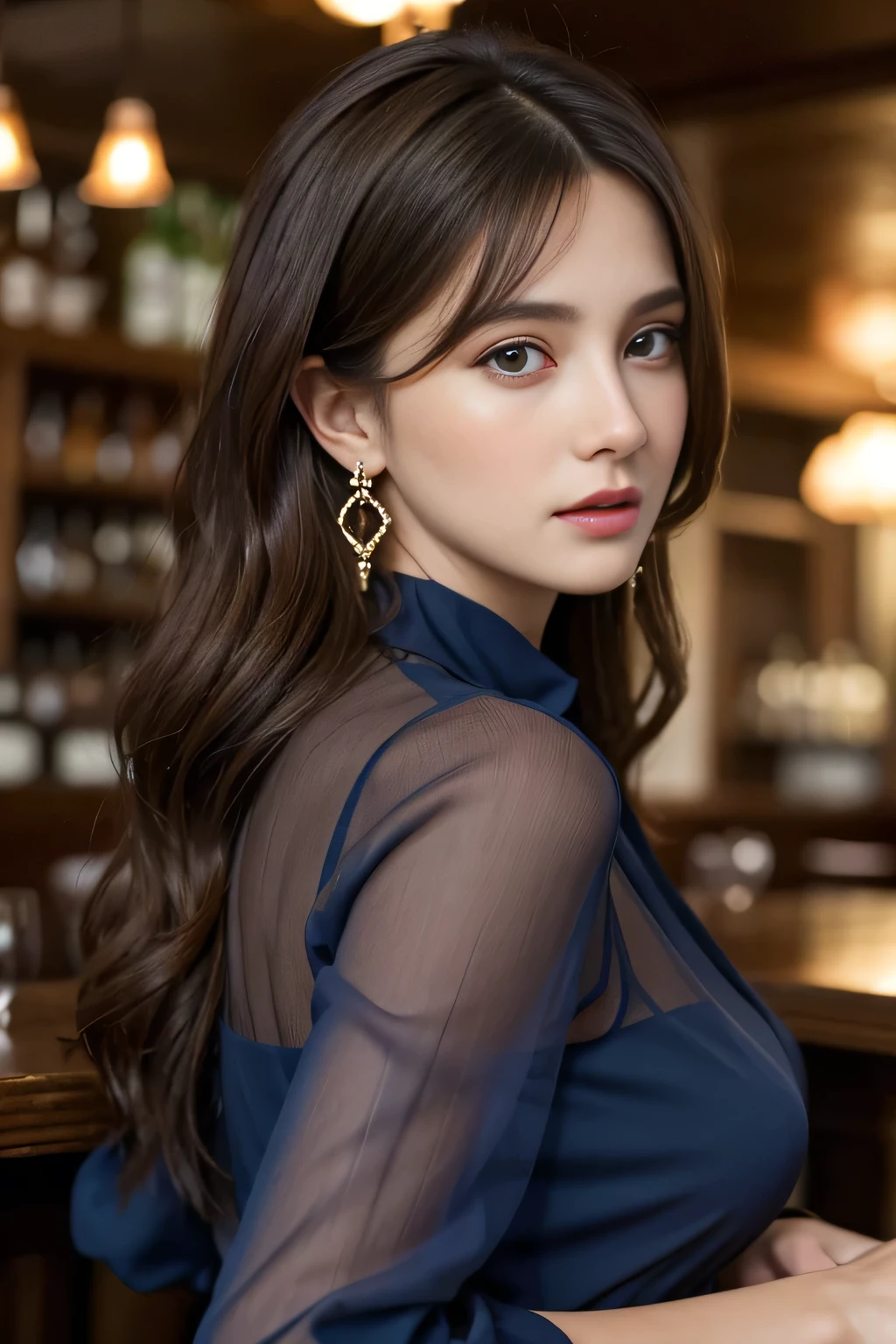 masterpiece, highest quality, Realistic, Very detailed, Finer details, High resolution, 8k wallpaper, One beautiful woman, Wear an elegant dark blue see-through blouse, In a great pub restaurant, At night, Light brown messy hair, Perfect dynamic composition, Beautiful and beautiful eyes、Big earrings