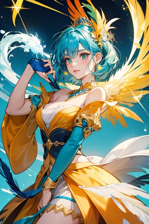 sHe resembles a  blue . sHe hass an orange beak. sHe has a feathery yellow, orange, and green plume on his head. SPARKLE; GLITTER