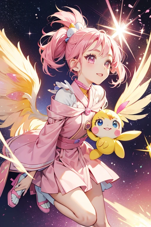 Hanekotchi has a pink body. She has light pink cheeks, and sparkly eyes similar to Memetchi's. She has two wings; the left is dark pink and the right is yellow. SPARKLE; GLITTER