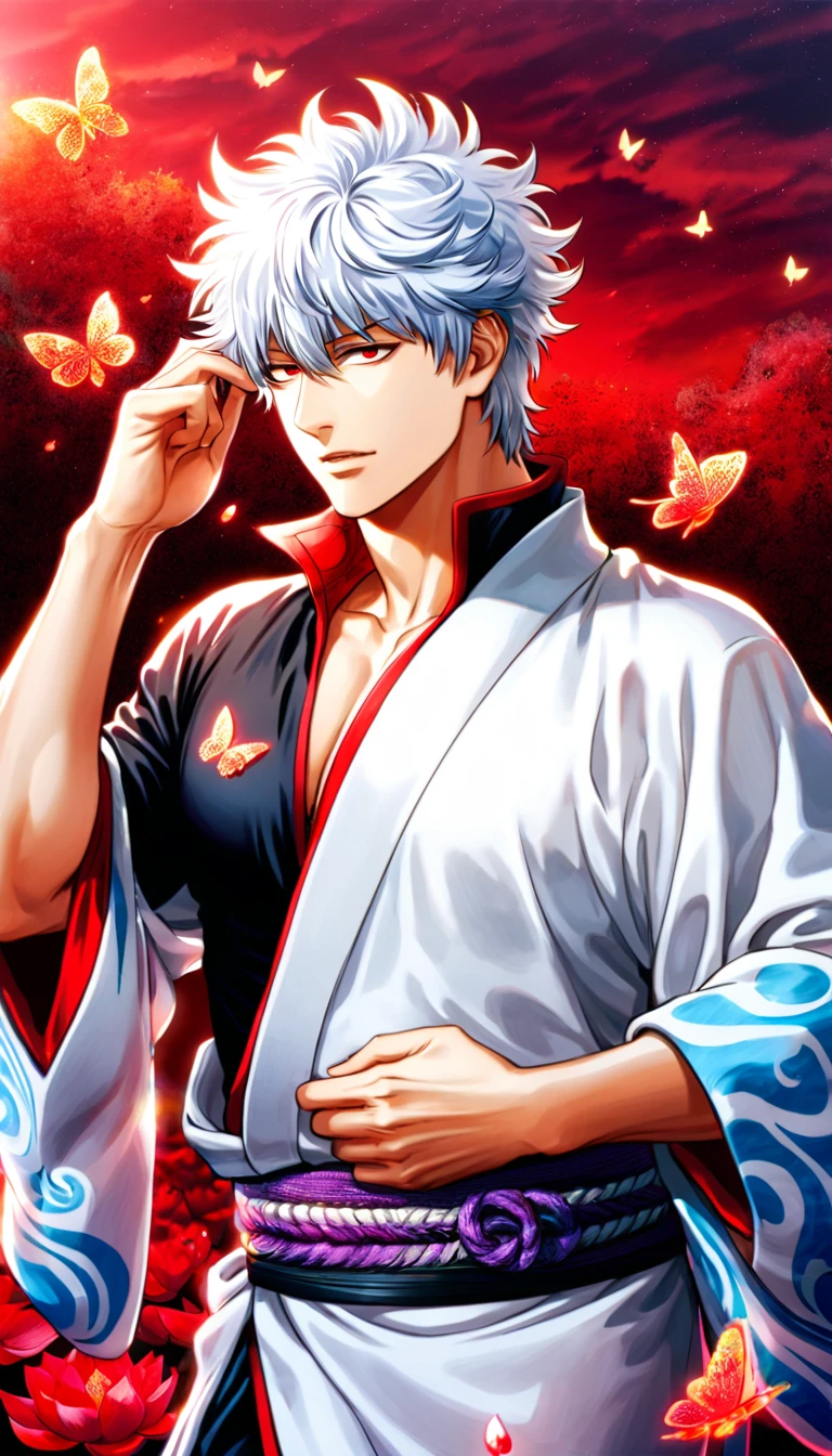absurdres, highres, ultra detailed, HDR, master piece, best quality, Sakata Gintoki, white hair, expressive red eyes, Gintama, solo, sexy man, handsome, white kimono, patterns, magical, fantasy, red sky, red lotus, shining, red petals, red glittering butterflies