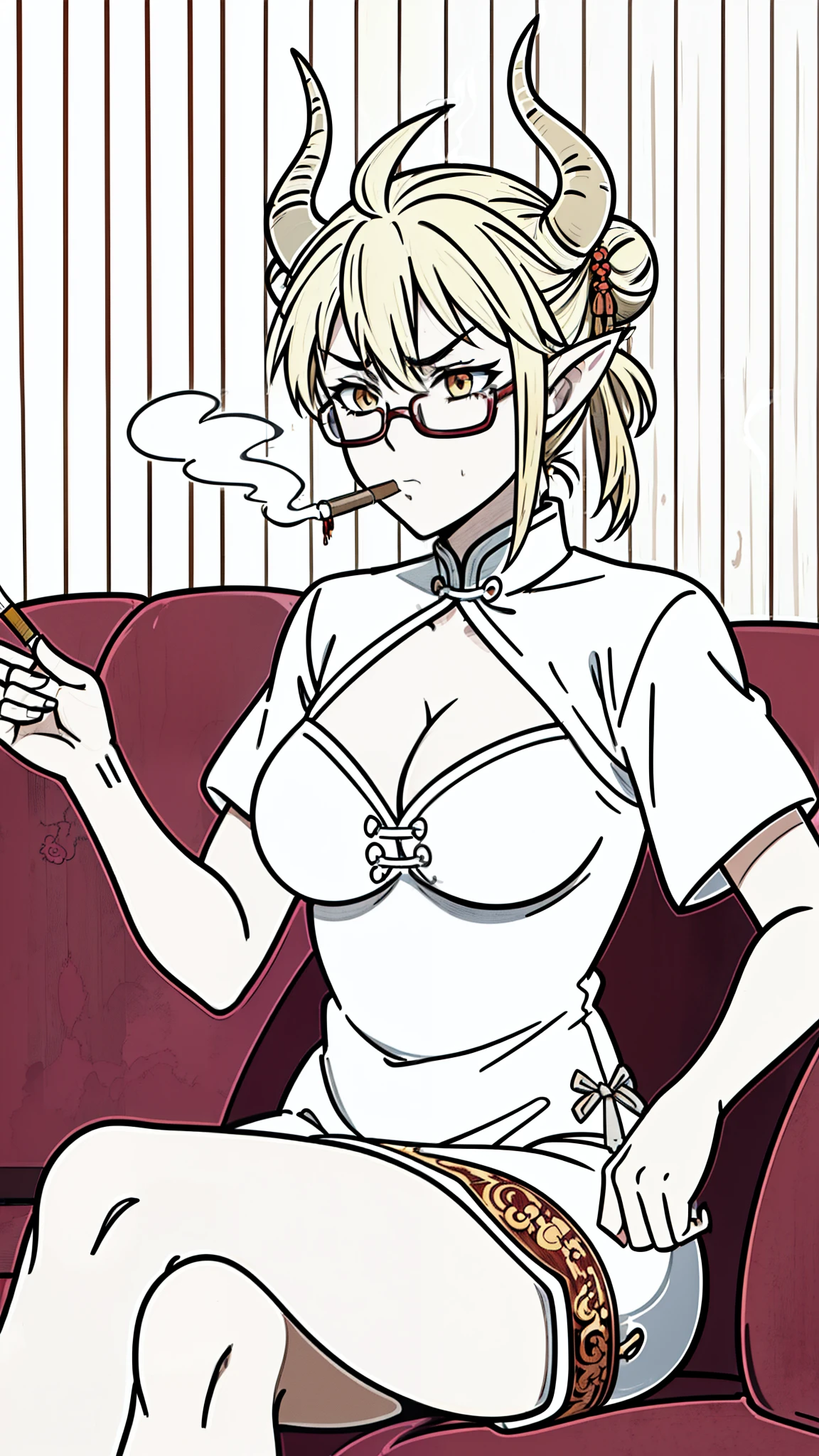 1girl,20s,solo,cleavage,serious,blonde hair, short hair,high ponytail,cow ears,(((smoking,sitting in a sofa,wood wall))),red dress,double bun,bun cover,china dress,chinese clothes,short sleeves,((horns)),glasses,(white background,line drawing),upper body,close-up
