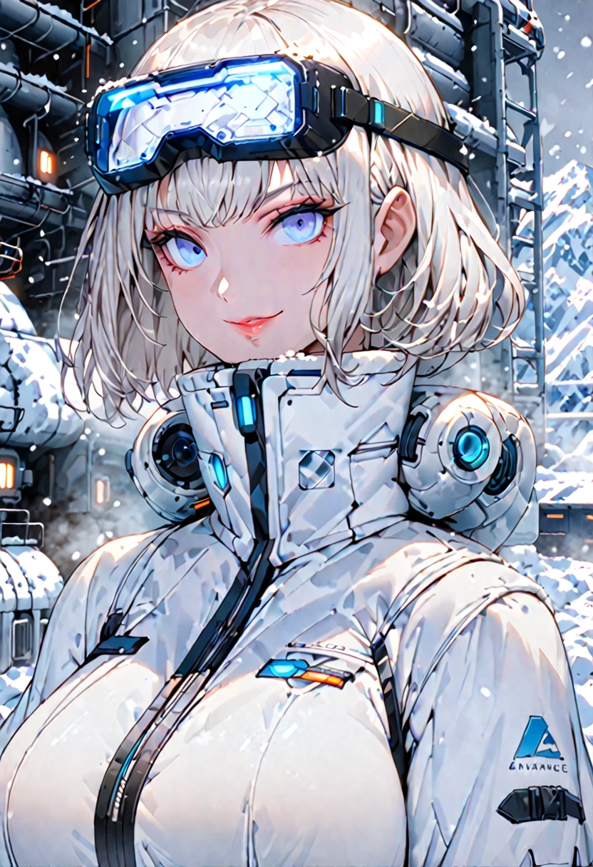 solo, female, sfw, medium shot, huge woman, extremely tall woman, light blue eyes, platinum blonde hair, extremely pale, short hair, Antarctic uniform, thermic clothes, smile, broad shoulders, artic, close up, looking at viewer, futuristic, head-mounted display, bulky clothes, snow, facility in the background